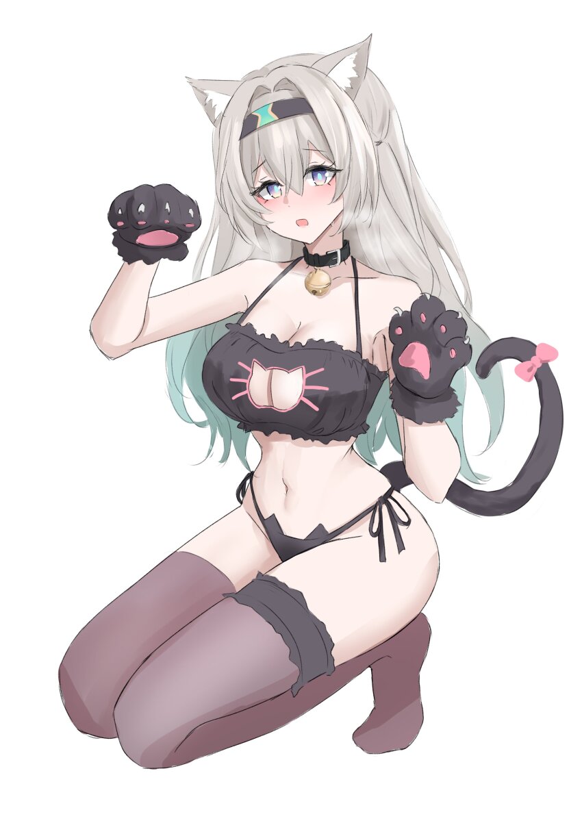 1girls, artist request, blush, boob window, breasts, cat lingerie, cat paws, cleavage, collar, fake animal ears, fake tail, female focus, female only, firefly (honkai: star rail), gradient eyes, gradient hair, honkai: star rail, large breasts, long hair, looking at viewer, open mouth, silver hair, simple background, solo, solo female, thighhighs, white background