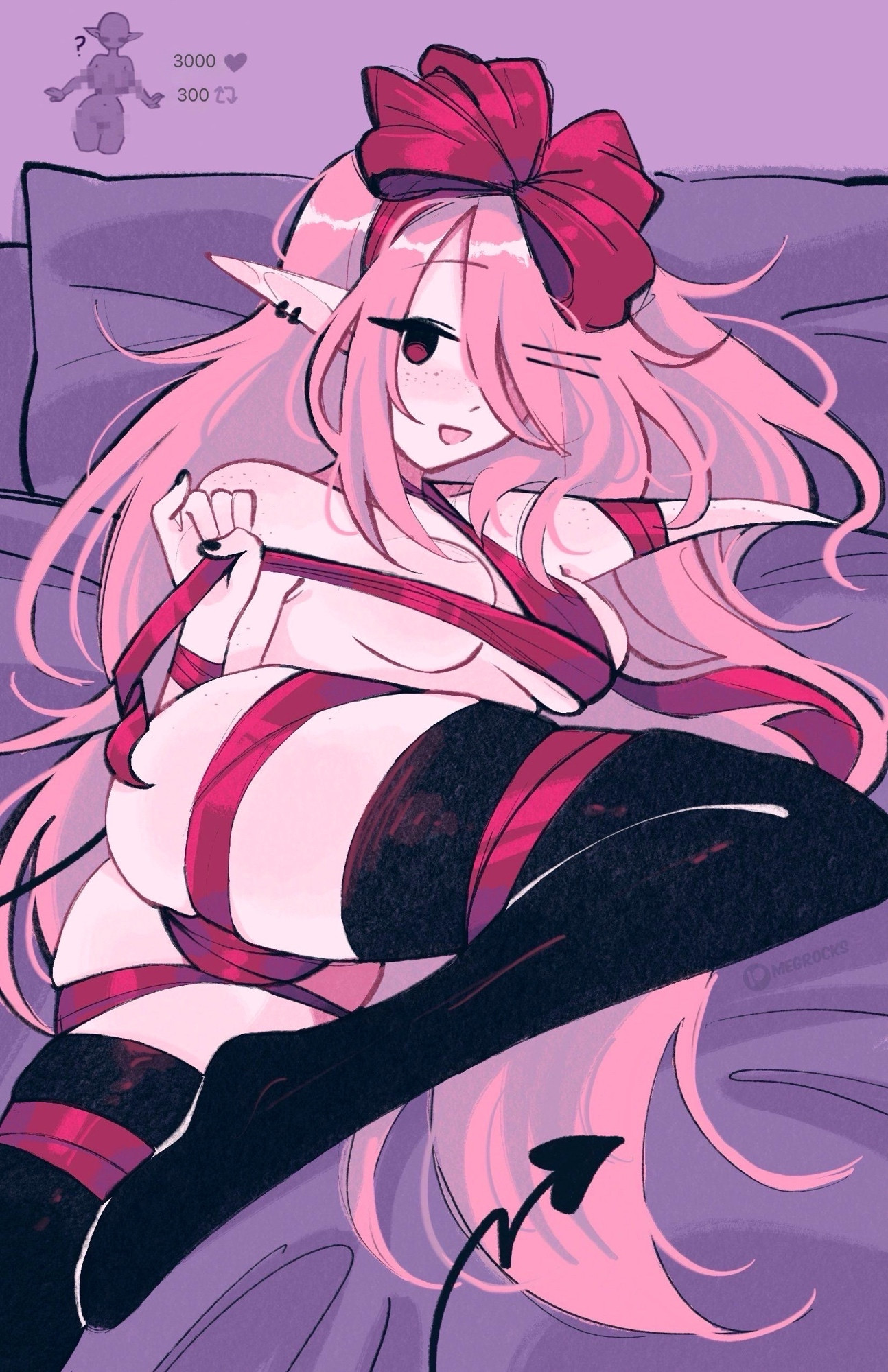 ass, june (megrocks), long ears, long hair, looking at viewer, looking back, megrocks, orange hair, pink hair, ribbon, tail, wink