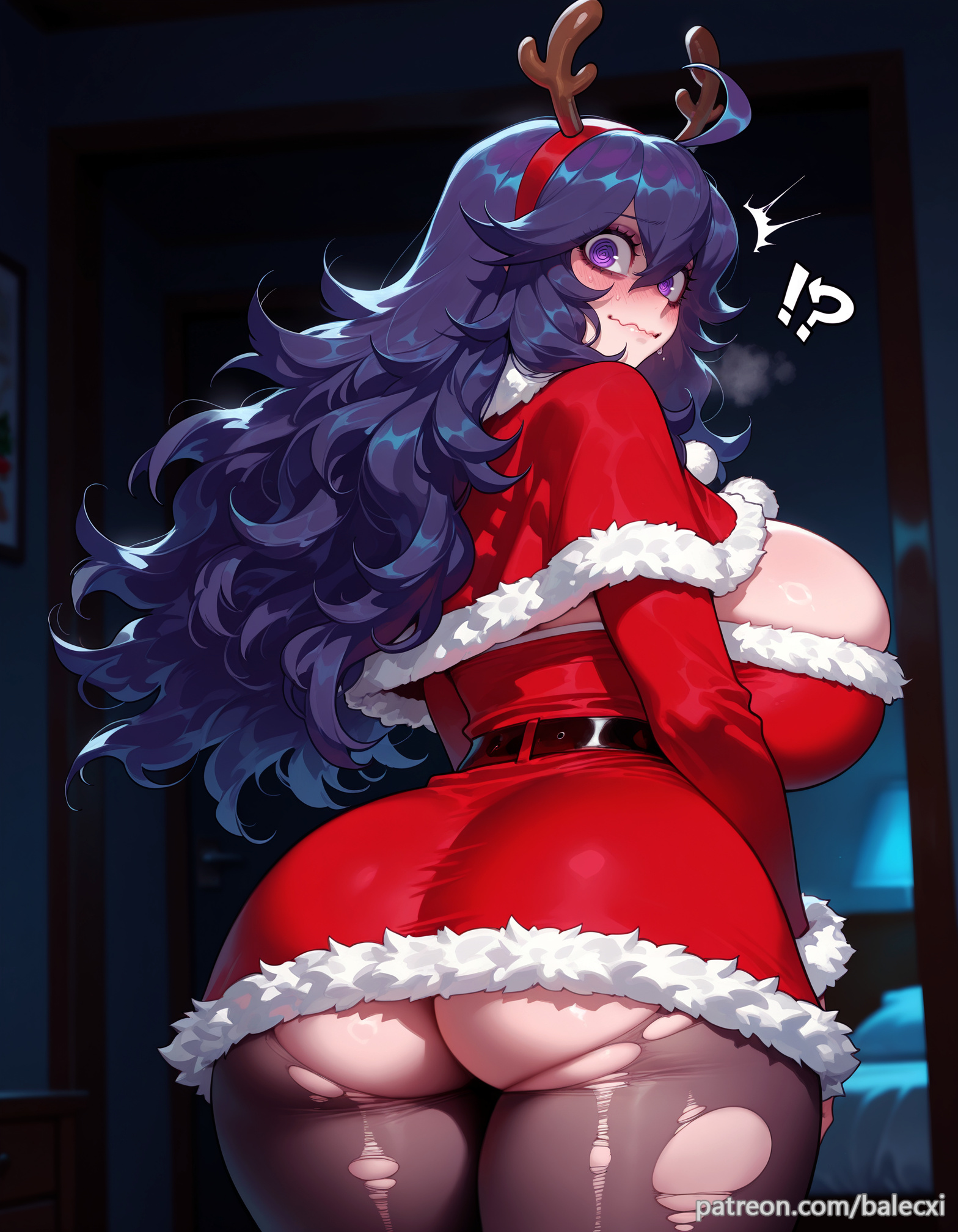 !?, @ @, ahoge, ai generated, alternate breast size, balecxi, christmas, curvy, dress, female, from behind, hairband, hex maniac, hex maniac (pokemon), horns, huge ass, huge breasts, long hair, looking at viewer, looking back, messy hair, pokemon, pokemon xy, purple eyes, purple hair, reindeer antlers, santa costume, solo, thick thighs, torn clothes, torn pantyhose
