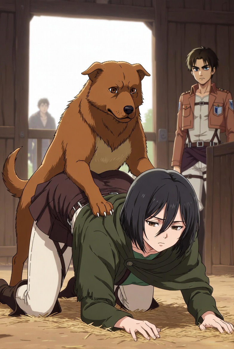 1dog, ai generated, attack on titan, bestiality impregnation, canine, eren jaeger, female on feral, mikasa ackerman, shingeki no kyojin, zoophilia