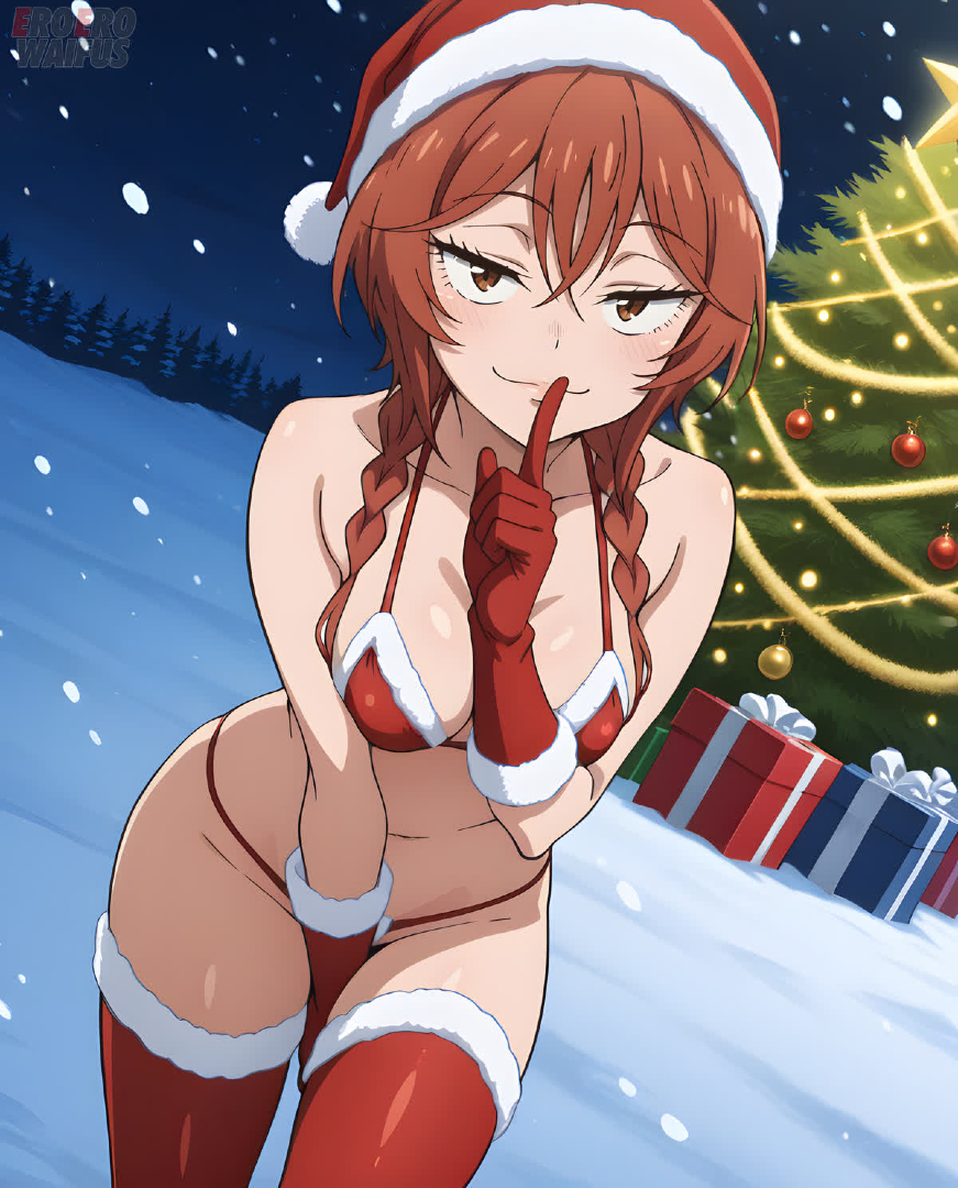 ai generated, bare thighs, bikini, braided hair, brown eyes, christmas, eroero waifus, huge thighs, kazao niko, light skin, light-skinned female, looking at viewer, medium breasts, red hair, sanda (anime), santa hat, smiling, solo female, squatting, sweat, sweatdrop, thick body, thick female, thick thighs, thighs, voluptuous, voluptuous female