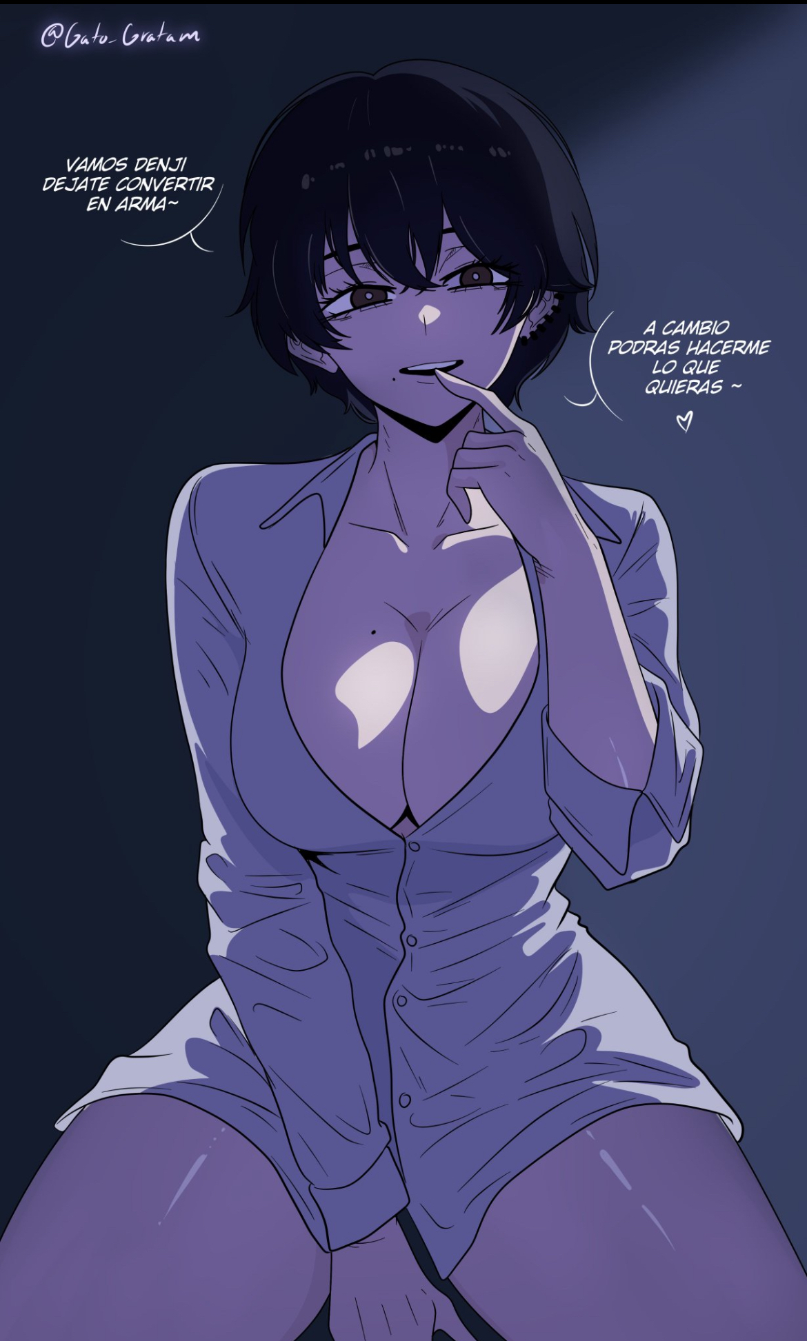 asian, asian female, barely contained breasts, big thighs, black hair, brown eyes, chainsaw man, character mentioned, character off screen, character pov, cleavage, cleavage overflow, curvy, curvy female, curvy figure, cute, cute face, cute female, denji (chainsaw man), female, female focus, female only, fingers on mouth, flirting, flirting with viewer, flirty, gato gratam, genderswap (mtf), hands between legs, hands between thighs, hips, hirofumi yoshida, huge breasts, huge thighs, japanese, japanese female, juicy thighs, legs, looking, looking at viewer, lustful gaze, male/female, mentioned character, nice body, no bra, no panties, off screen character, pale skin, pale-skinned female, plump breasts, plump thighs, rule 63, rule63, shirt, shirt only, short hair, slim waist, spanish dialogue, spanish text, staring at viewer, talking, talking to viewer, thick thighs, thighs, unbuttoned, unbuttoned shirt, voluptuous, voluptuous female, waist