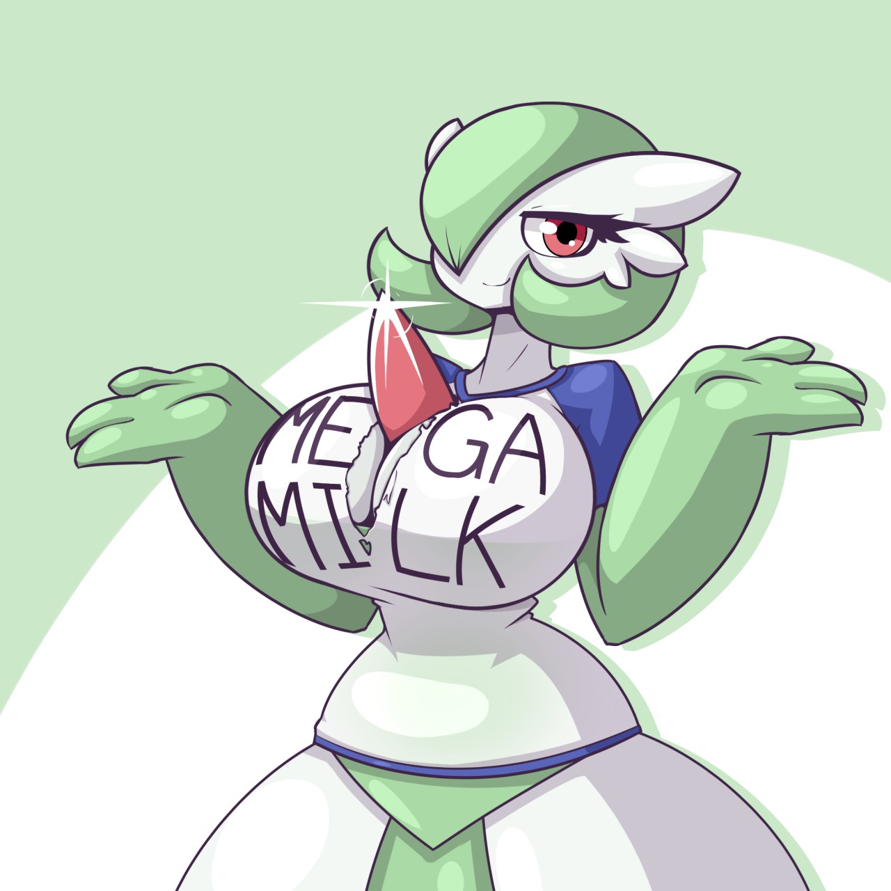 3 fingers, cleavage, female, gardevoir, green hair, hair over one eye, large breasts, limebreaker, looking at viewer, mega milk, mega milk (meme), pokemon, pokemon (species), red eyes, ripped clothing, shirt, shrug, tagme