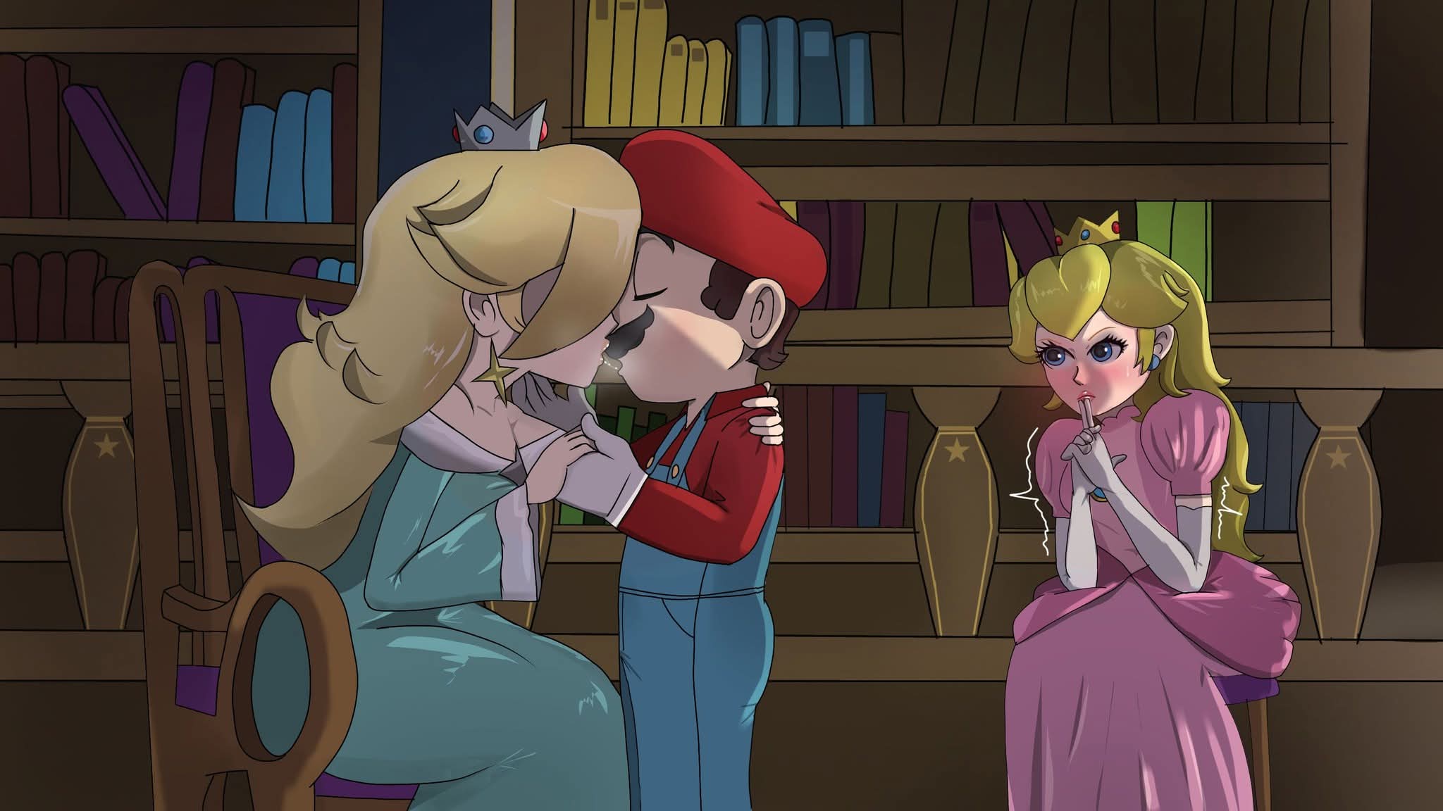 1boy, 2girls, blonde hair, blush, books, bookshelf, consensual cuckold, consensual cuckquean, crown, cuck, cuck chair, cuckold, cuckquean, dress, female, hair ornament, hat, jml 2003, kiss, kissing, library, light skin, light-skinned female, light-skinned male, male, mario, mario (series), nintendo, overalls, princess, princess peach, princess peach (movie), princess rosalina, princess rosalina (movie), royalty, shelf, sibling (lore), siblings, sister (lore), sisters, sitting, super mario galaxy