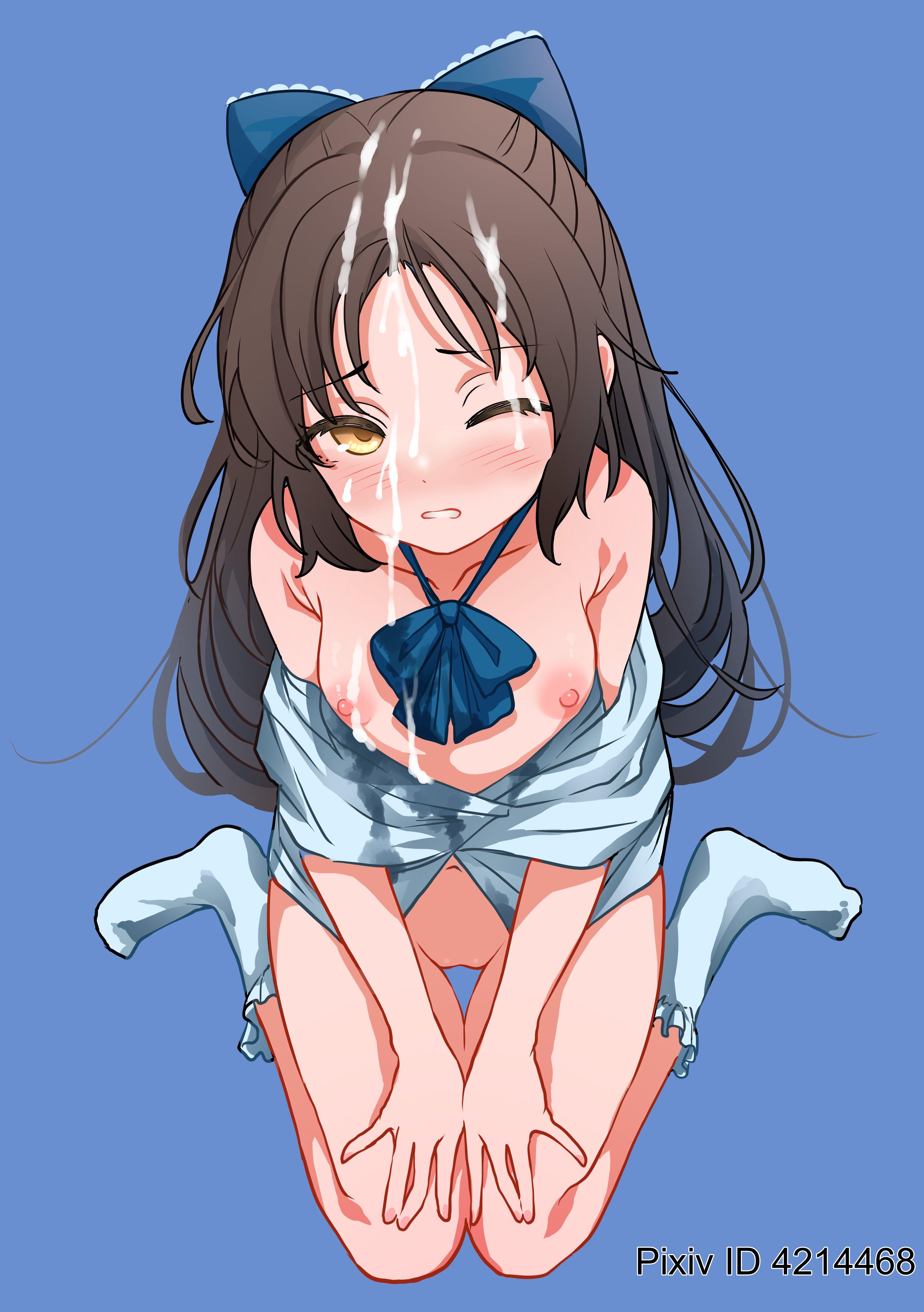 1girls, areola, areolae, blue background, blue hair ribbon, blue hair tie, blue ribbon, breasts, brown eyebrows, brown eyes, brown hair, brown-eyed female, brown-haired female, cleft of venus, covered in cum, covered in semen, cum on another, cum on body, cum on breasts, cum on chest, cum on face, cum on hair, cum on nipple, cum on nipples, cum on upper body, facial, female, female only, flat belly, flat breasts, flat chest, flat chested, from above, hair ribbon, hair tie, half naked, half nude, hand on legs, hand on own legs, hand on own thighs, hand on thighs, head tilt, idolmaster, idolmaster cinderella girls, lean figure, legs folded, long hair, looking up, looking up at viewer, naked, naked female, naked woman, narrow waist, nipples, nude, nude female, nudity, petite, petite body, petite breasts, petite female, petite girl, petite tits, pixiv id 4214468, pussy lips, ribbon, seiza, semen on another, semen on body, semen on breasts, semen on chest, semen on face, semen on hair, semen on upper body, semi nude, sitting, sitting on floor, sitting on ground, sitting on knees, skinny, skinny female, skinny girl, skinny waist, slender body, slender waist, slim waist, small breast, small breasts, smooth chest, socks, tachibana arisu, thigh gap, tilted head, tiny breasts, vulva, vulva line