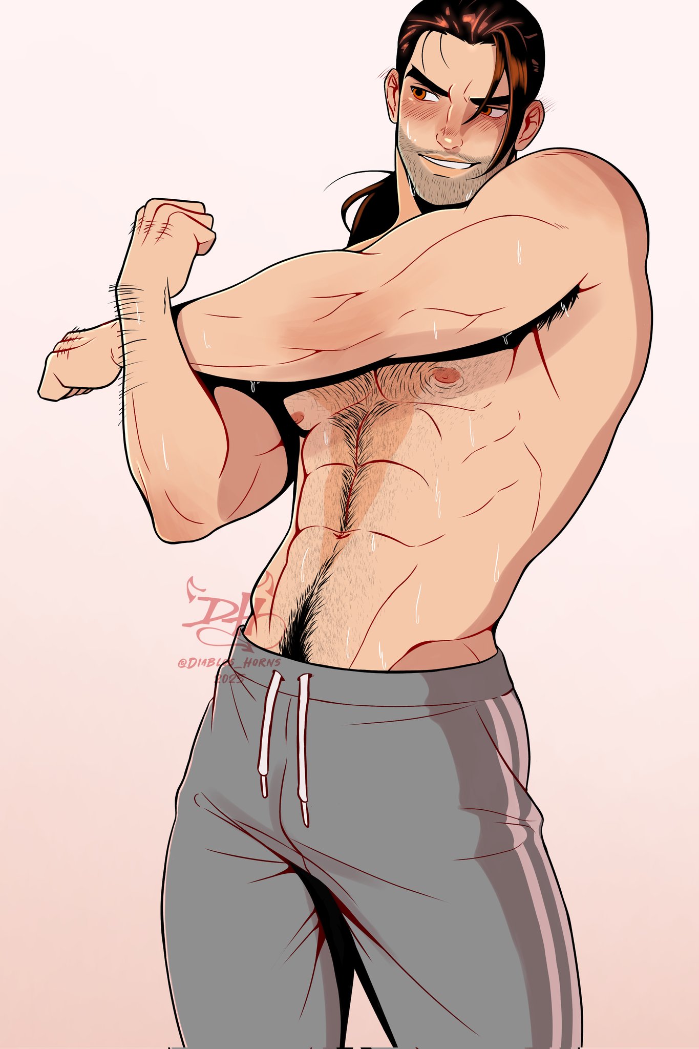 1boy, bara, chest hair, diablos horns, dispatch (game), flambae, gay, hairy, hairy chest, male, male only, muscular, muscular male, no visible genitalia, tanline