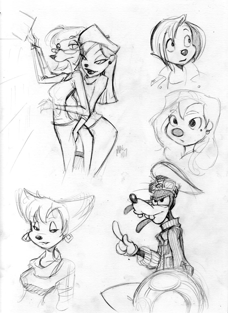 2007 a_goofy_movie an_extremely_goofy_movie anthro beret_girl canine catthouse_studios crossover debbie_dune disney dog female fur furry goof_troop goofy kingdom_hearts mac_(artist) mammal monochrome peg_pete rough_sketch roxanne_(goof_troop) sketch sylvia_marpole