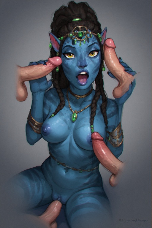 ai generated, avatar, avatar: fire and ash, avatar: the way of water, black hair, blue body, blue nipples, blue skin, double handjob, gangbang, interspecies, jewelry, looking at viewer, multiple males, multiple penises, na’vi, nsfwaibs, open mouth, seductive, vaginal penetration, white skin, yellow eyes