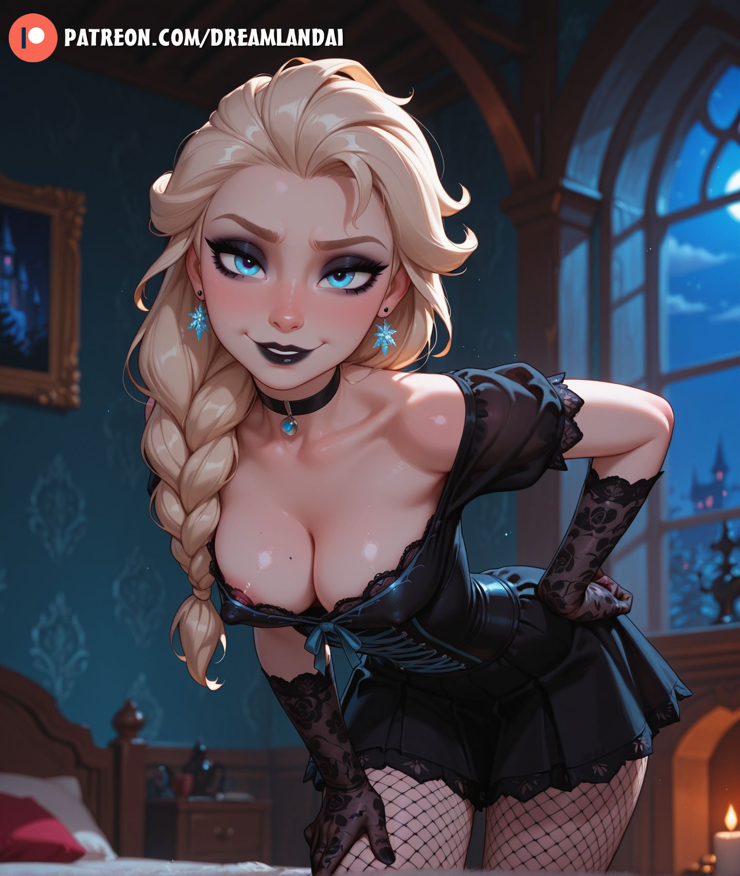 ai generated, areola, areola slip, blue eyes, breasts, cartoon, clothing, dreamlandai, dress, elsa (frozen), female, frozen (film), goth, gothic girl, gothic lolita, lace, medium breasts, portrait, pose, sexy, teen, tit focus