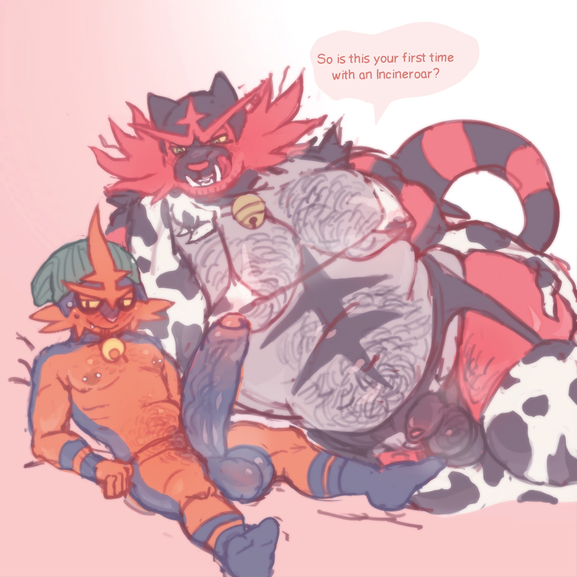 2boys, asking a question, balls, bara, beanie, belly, belly button, big balls, big penis, black fur, blush, blush lines, blushing, body hair, chubby, cow print, erect penis, erection, facial tuft, felid, feline, felis, flustered, foreskin, furry, gay, generation 7 pokemon, genitals, green eyes, incineroar, licking, licking lips, licking own lips, lingerie, male, male focus, male only, male/male, muscular, muscular male, nintendo, nipple piercing, nipples, pecs, pink nose, pokemon, pokemon (species), red body, red fur, red nose, shibuyatank, size difference, socks, speech bubble, striped arms, striped body, striped tail, stripes, sweat, sweatdrop, testicles, text, text bubble, tongue, tongue out, torracat, yellow sclera
