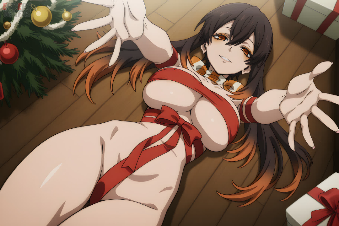 ai generated, amo empool, bare thighs, black hair, christmas, eroero waifus, gachiakuta, gift wrapped, gigantic breasts, huge breasts, huge thighs, light skin, light-skinned female, long hair, looking at viewer, massive breasts, multicolored hair, orange eyes, smiling, solo female, squatting, sweat, sweatdrop, thick body, thick female, thick thighs, thighs, voluptuous, voluptuous female, wrapped