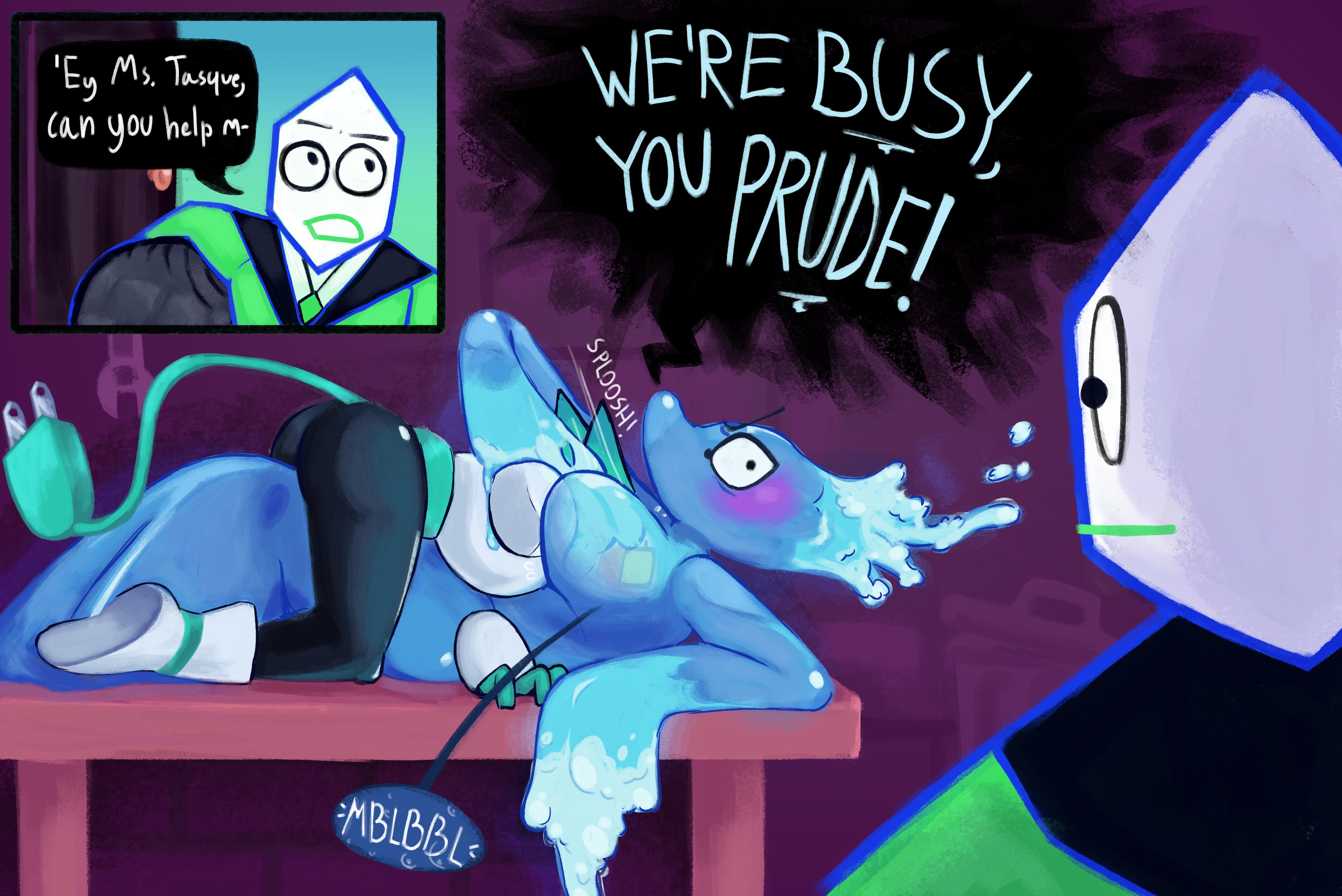 1boy, 1boy2girls, 2d, 2d artwork, 2girls, 2girls1boy, angry, angry face, anthro, battat (deltarune), big ass, big breasts, big thighs, blush, cable tail, cat ears, cat tail, catgirl, caught, caught in the act, clothed sex, clothing, comic, deltarune, deltarune chapter 2, deltarune chapter 4, dialog, dialogue, drowning, drowning in breasts, elemental creature, elemental humanoid, female, female/female, freaky frohicky, fur, furry, furry female, grabbing, grabbing head, head between breasts, head in breasts, head on breasts, in water, laying down, laying on breasts, laying on table, lesbian, lesbian sex, liquid, liquid body, liquid creature, miss mizzle (deltarune), on table, on top, peak yuri, pippins (deltarune), pulling head, pulling in, sex on table, small mike (deltarune), table, table sex, tasque manager (deltarune), text, transparent, transparent body, undertale (series), water, water creature, water elemental, water humanoid, yuri