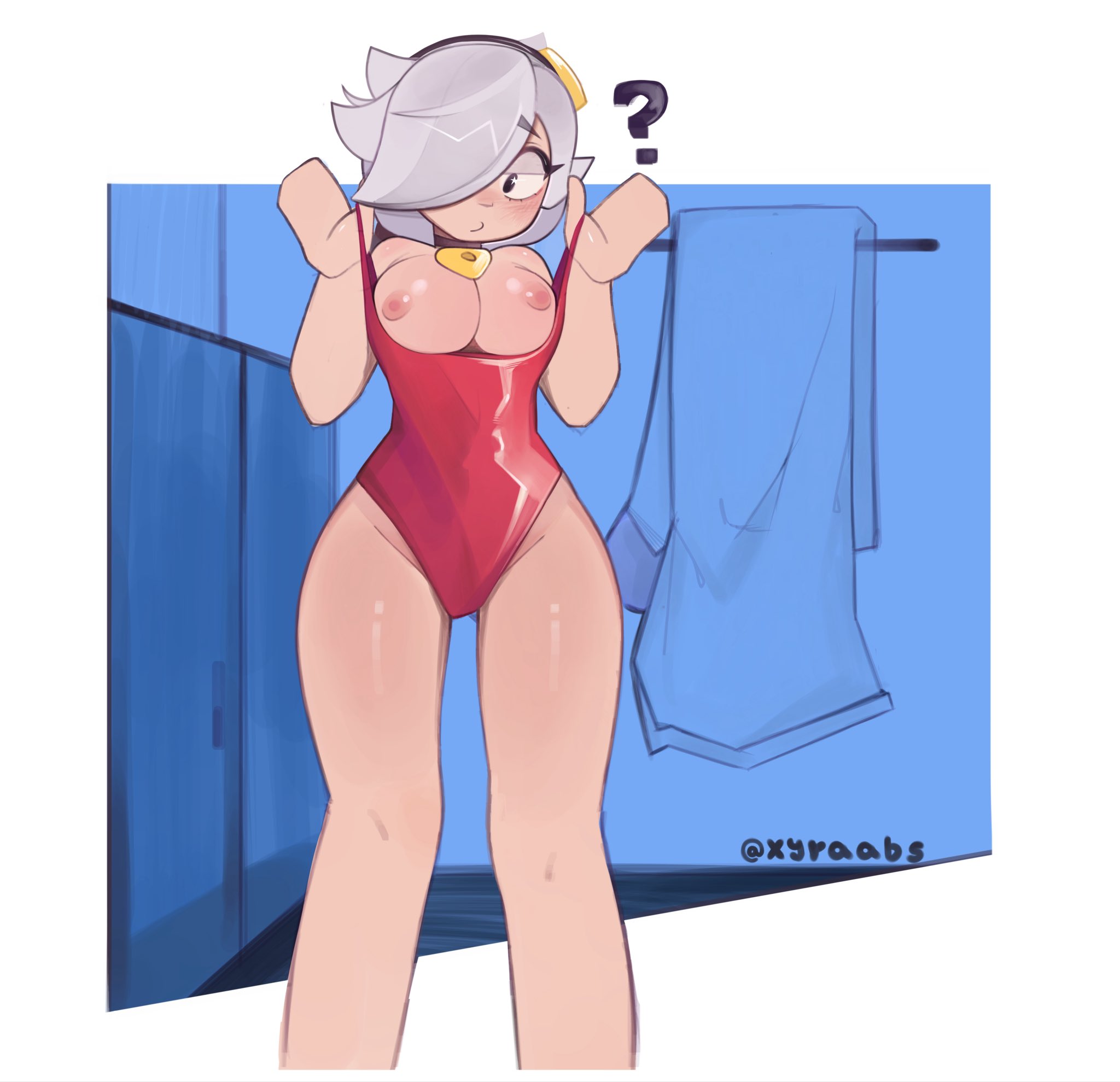 1girls, brawl stars, breasts, breasts out, colette (brawl stars), collar, female, hair over one eye, question mark, solo, supercell, swimsuit, swimsuit colette (brawl stars), thighs, tight clothing, towel, white hair, xyraabs
