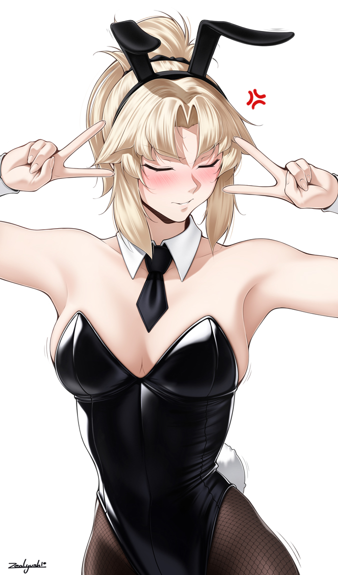 1girls, blonde hair, breasts, bunny girl, bunnysuit, closed eyes, double v, fate (series), fate/apocrypha, mordred (fate), pantyhose, simple background, spoken anger vein, upper body, white background, zealyush