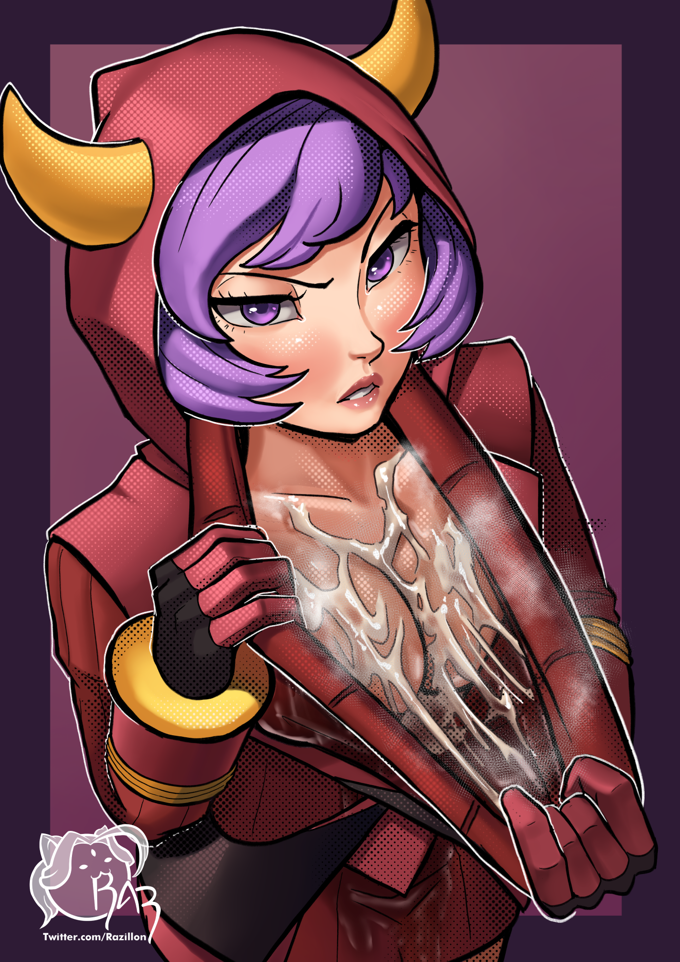 courtney (pokemon), cum in cleavage, cum in clothes, female only, pokemon, pulling own clothes, purple hair, razillon, team magma