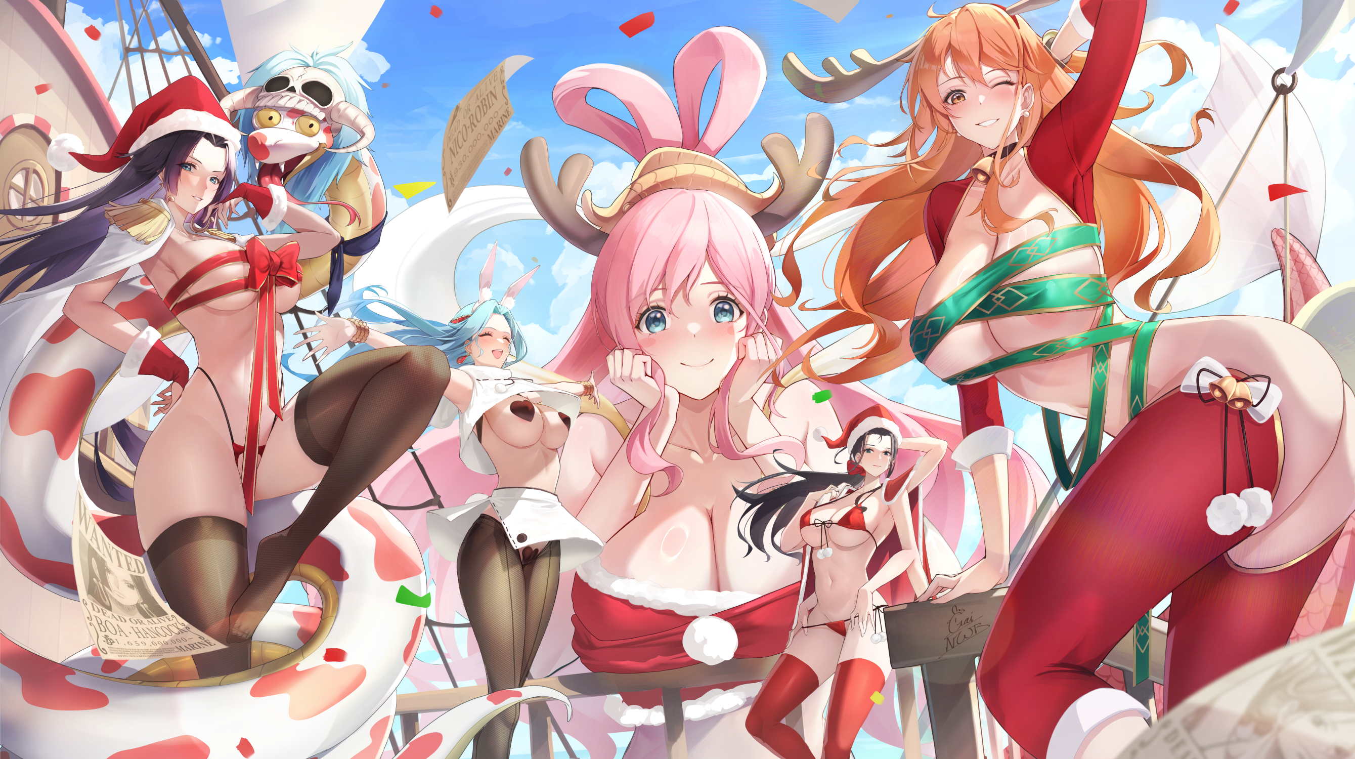 5girls, animal ears, antlers, ass, bikini, black hair, black pantyhose, black thighhighs, black-haired female, blue eyes, blue hair, blue sky, blue-haired female, boa hancock, breasts, christmas, cleavage, crotchless, crotchless pantyhose, earrings, extra arms, fake animal ears, fake antlers, female, female only, front-tie bikini top, front-tie top, fur trim, fur-trimmed headwear, gainoob, gloves, hat, heart maebari, heart pasties, highres, horns, jewelry, large breasts, long hair, looking at viewer, maebari, mermaid, monster girl, multiple girls, nami (one piece), nefertari vivi, nico robin, one piece, orange hair, orange-haired female, outdoors, pantyhose, pasties, pink hair, pink-haired female, rabbit ears, red bikini, red gloves, red hat, red pantyhose, red ribbon, red shrug, red thighhighs, reindeer antlers, ribbon, salome (one piece), santa bikini, santa costume, santa hat, shirahoshi, shrug (clothing), signature, sky, smile, snake, snake earrings, swimsuit, thighhighs, thousand sunny, topless female, wanted poster