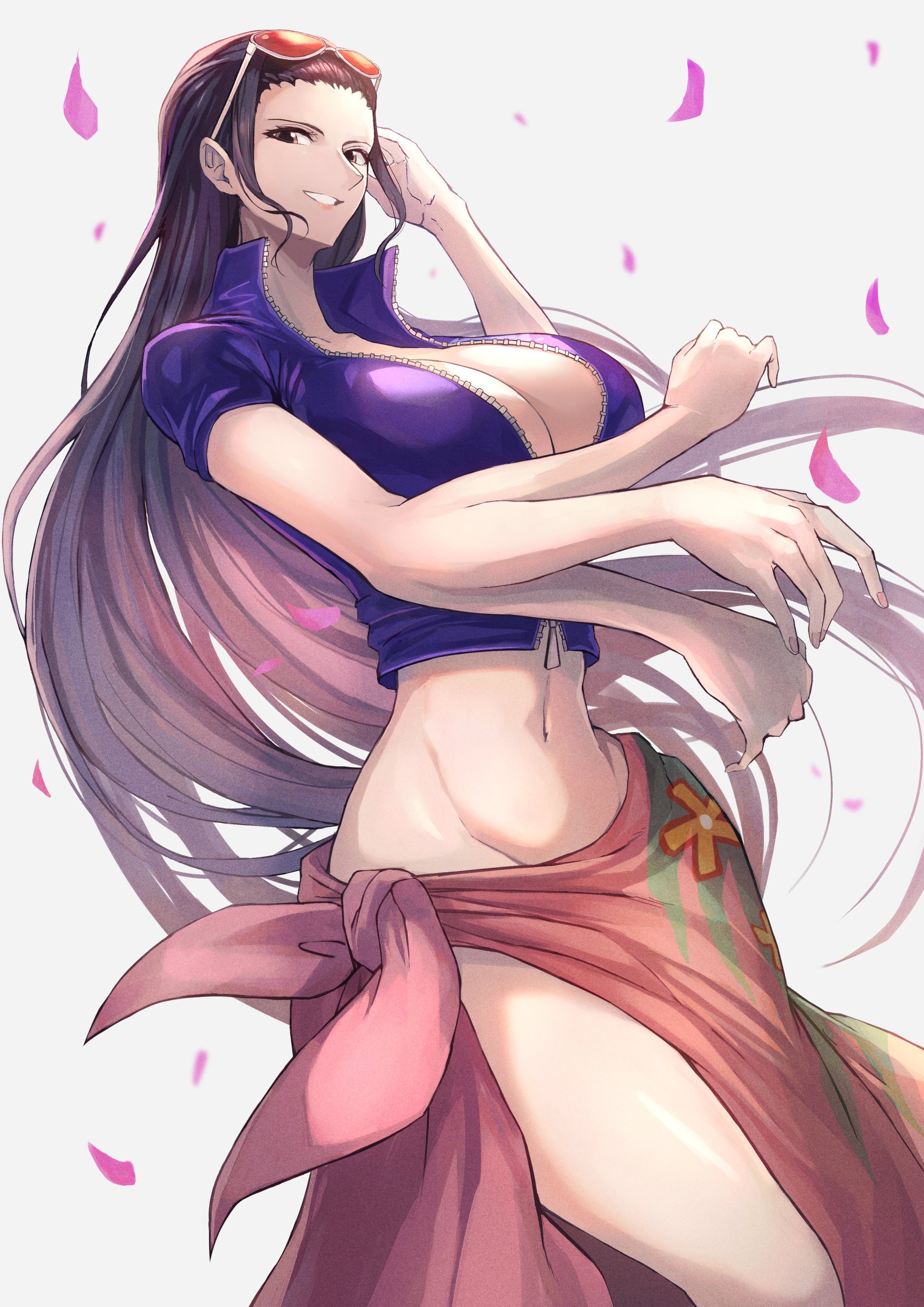 1girls, absurdres, big breasts, black hair, black-haired female, blue jacket, breasts, cleavage, collarbone, commentary, cropped jacket, dutch angle, extra arms, eyewear on head, female, female only, hair slicked back, hana hana no mi, highres, jacket, long hair, looking at viewer, midriff, navel, nico robin, nico robin (return to sabaody), ohako (ohako1818), one piece, orange-tinted eyewear, pink nails, pink petals, pink sarong, sarong, short sleeves, short-sleeved jacket, simple background, smile, solo, sunglasses, tinted eyewear, white background, zipper, zipper pull tab