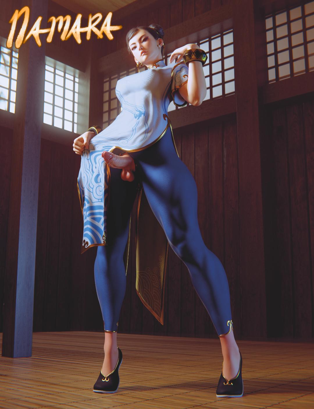 3d, average sized penis, chun-li, cock keyhole clothing, dojo, erection, exhibitionism, futa focus, futa only, futanari, leggings, looking at viewer, namara, penis, penis out, street fighter, street fighter 6