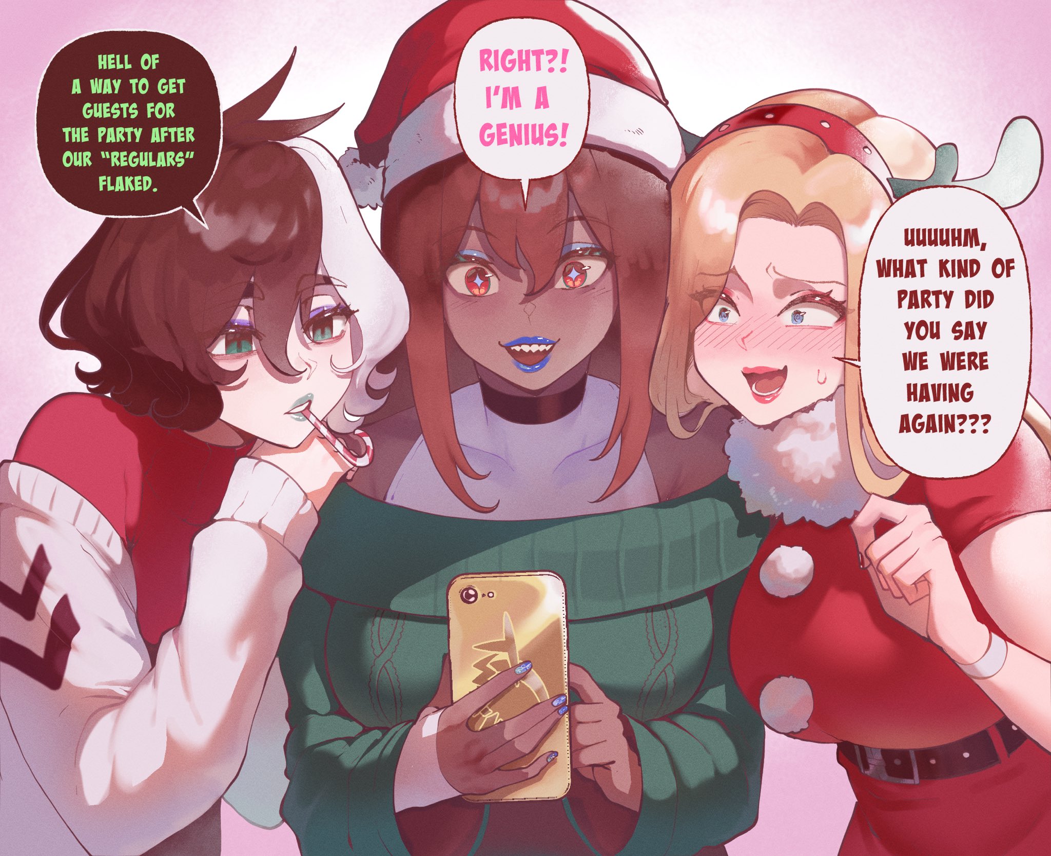 3girls, black hair, blonde female, blonde hair, blonde hair female, blue eyes, blue lipstick, blush, blushing, brown eyes, brown hair, calgary callie, candy cane, christmas, christmas outfit, clothed, clothed female, dark skin, dark-skinned female, embarrassed, embarrassed female, female only, green eyes, imminent anal, light-skinned female, lipstick, long hair, multicolored hair, multiple females, multiple girls, original, phone, short hair, star eyes, thiccwithaq, tsona (nyantcha), white hair, yorra villeneuve