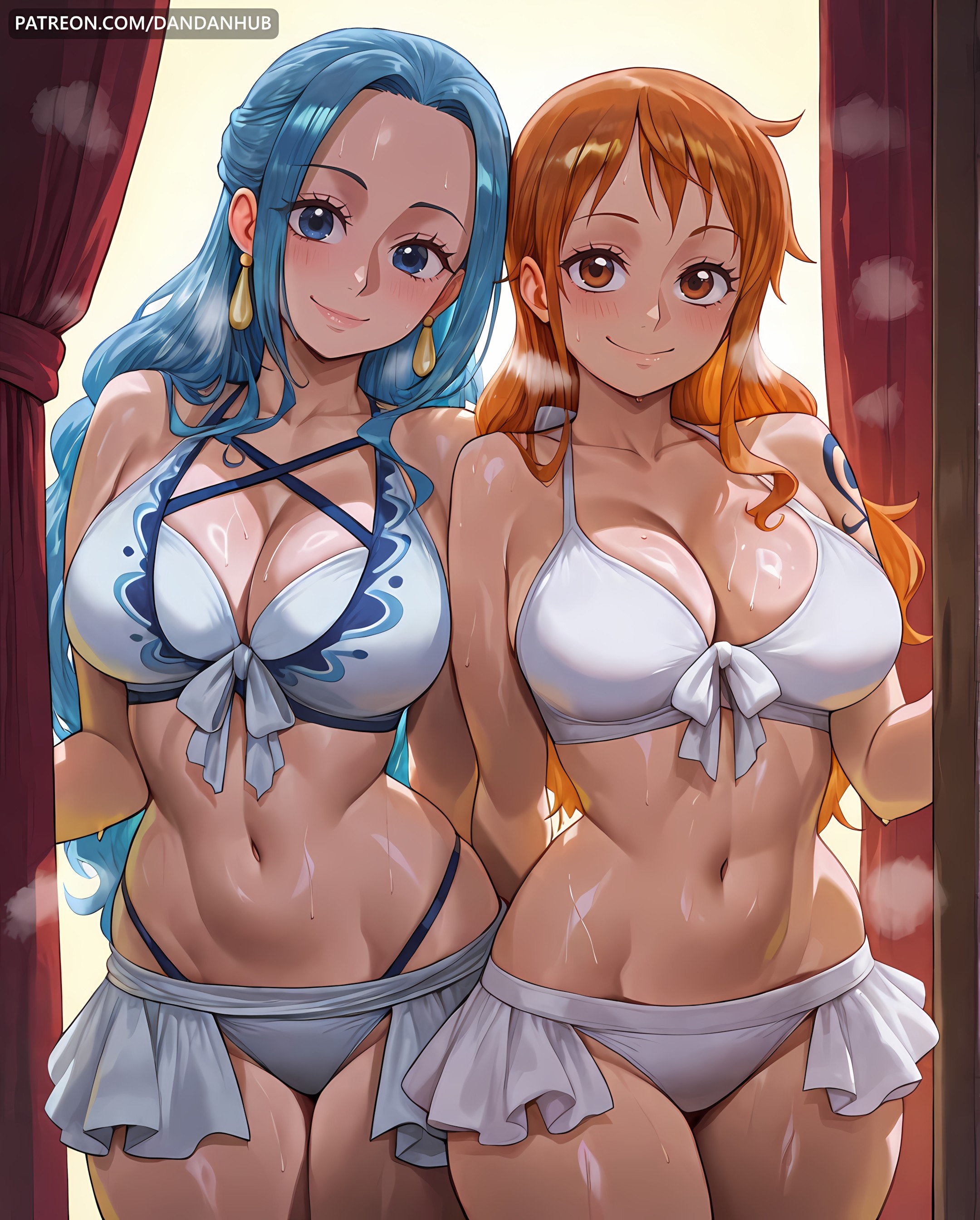 2girls, ai generated, arm tattoo, bangs, bare shoulders, bikini, bikini skirt, blue eyes, blue hair, blue tattoo, blue-haired female, blush, breasts, brown eyes, cleavage, closed mouth, collarbone, cowboy shot, curtains, dandanhub, earrings, female, female only, forehead, front-tie bikini top, front-tie top, jewelry, large breasts, long hair, looking at viewer, multiple girls, nami (one piece), navel, nefertari vivi, one piece, orange eyes, orange hair, orange-haired female, shoulder tattoo, side-by-side, smile, stomach, sweat, swimsuit, tattoo, thighs, white bikini