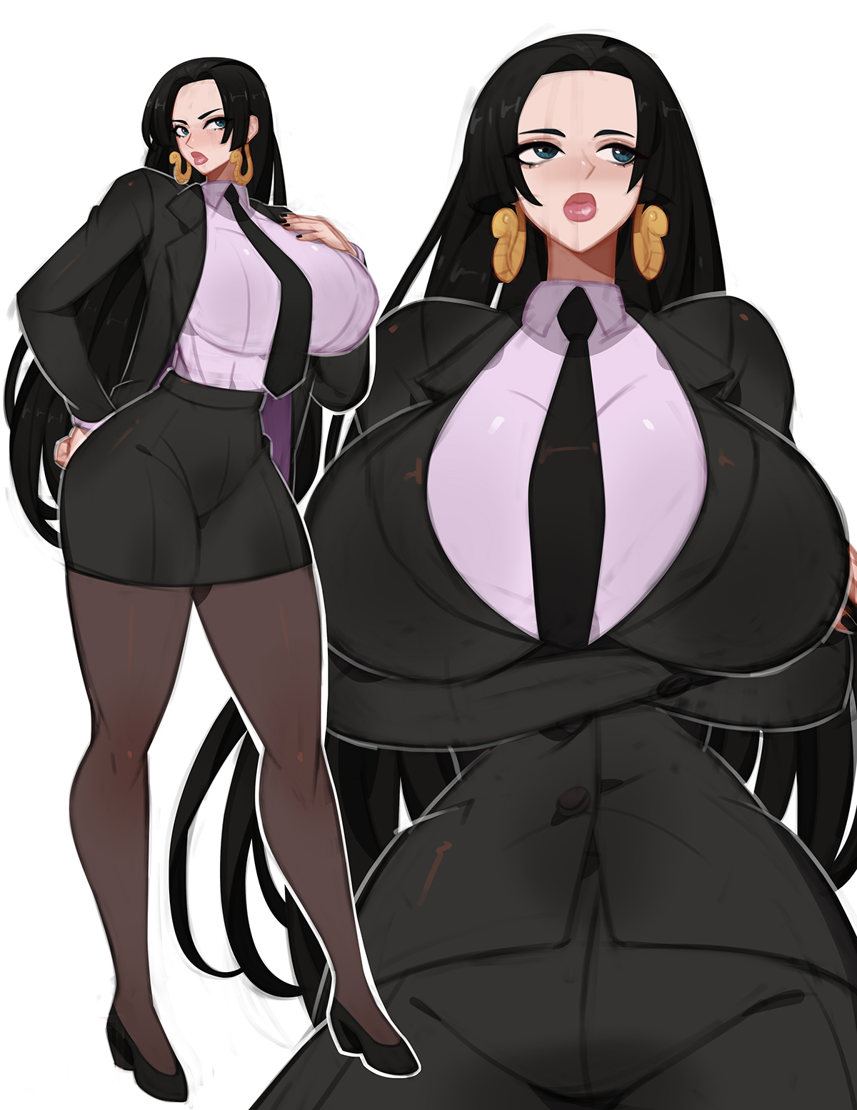 1girls, 2d, 2d (artwork), 2d artwork, alternate clothing, big breasts, black hair, boa hancock, breasts bigger than head, business attire, businesswear, clothing, curvaceous, curvaceous female, curvaceous figure, curves, curvy, curvy body, curvy female, curvy figure, curvy hips, digital drawing (artwork), digital media (artwork), earrings, fair skinned female, fair-skinned female, fair-skinned female body, female, female only, golden earrings, hourglass body, hourglass figure, hourglass figured female, huge breasts, human, kyopink, long hair, no background, office attire, office lady, one piece, pantyhose, plump lips, pumps, snake earrings, tie between breasts, voluptuous, voluptuous body, voluptuous female