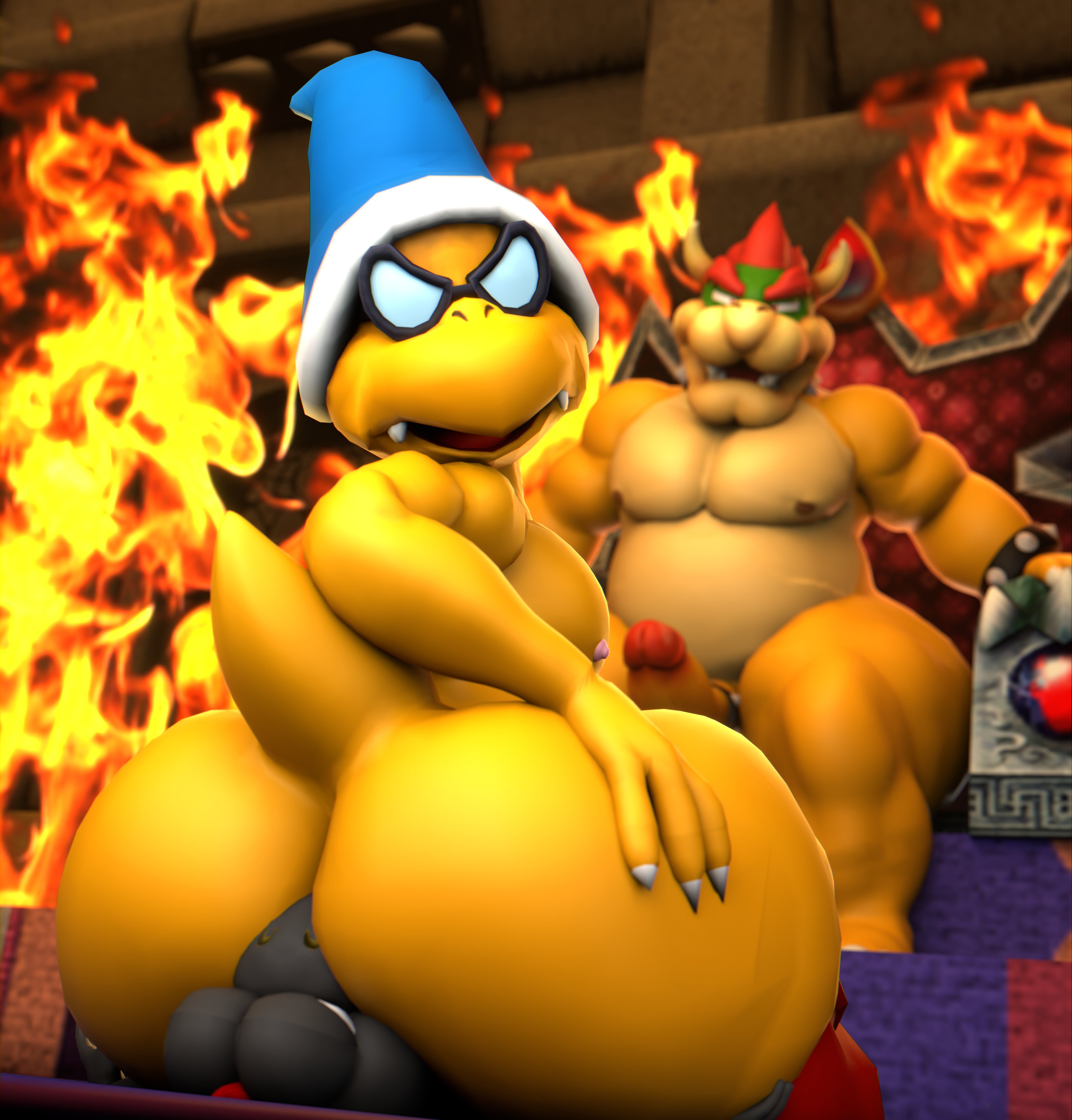 3boys, 3d, angry, ass, balls, big ass, blender, bowser, doommusk, erection, eyewear, face in ass, facesitting, fat ass, femboy, fire, furry, gay, genitals, glasses, hand on ass, hat, headwear, huge ass, kamek, koopa troopa, koopaling, looking at another, looking back, magikoopa, male, male only, male/male, mario (series), naked, nipples, nude, oc, penis, punishment, rimming, sitting, sitting on another, sitting on face, sitting on person, tagme, watching, watching sex