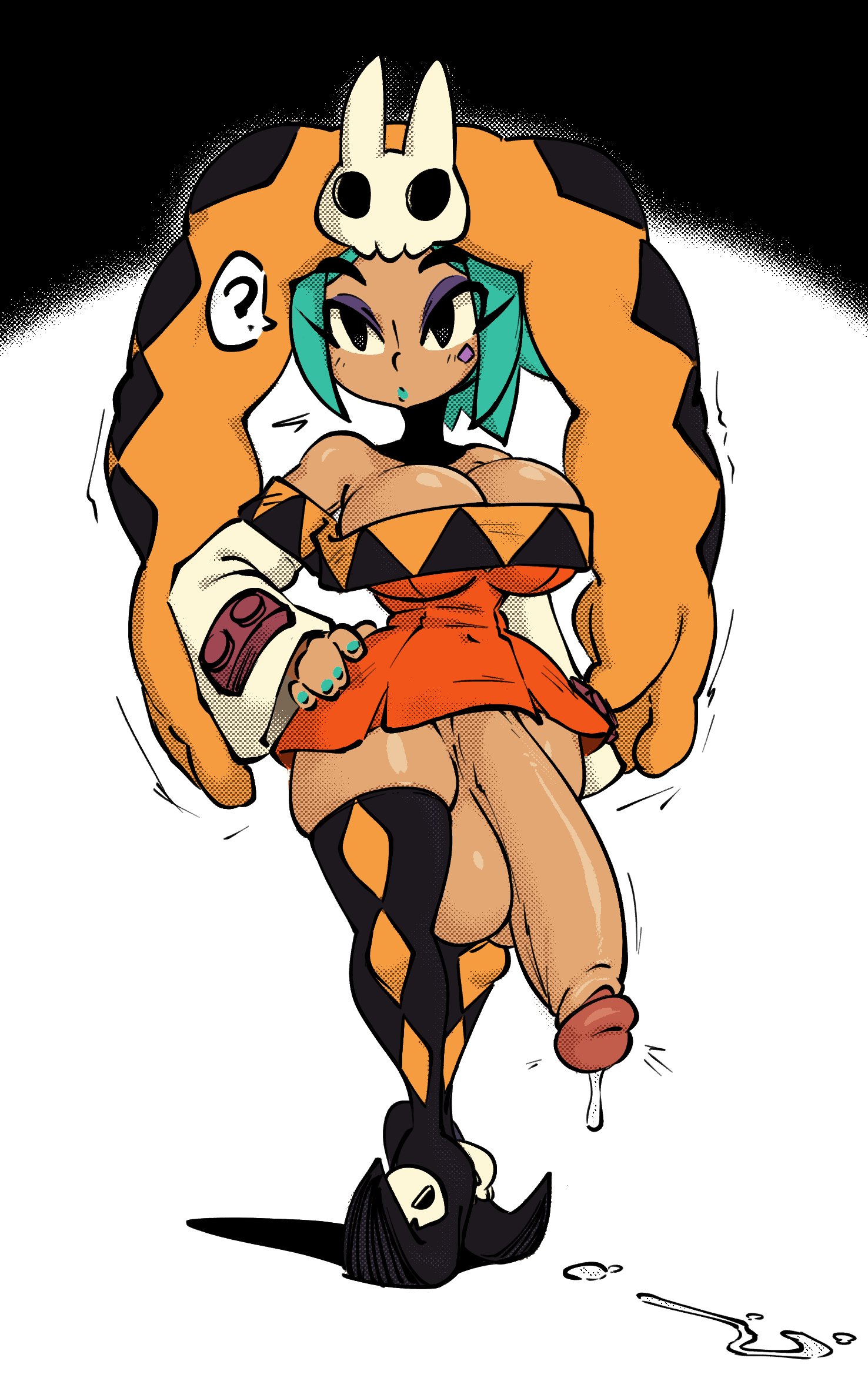 ?, 1futa, alternate version available, balls, big breasts, big penis, black eyes, bottomless, breasts, casual exposure, cerebella, cleavage, dark skin, dark-skinned futa, detached sleeves, dress, erection, exposed penis, eyeshadow, full body, futa focus, futanari, green hair, green lips, green lipstick, hair, hand on hip, headwear, huge cock, human, ineffective clothing, jellot, large penis, lips, lipstick, long penis, orange dress, penis, penis out, penis to the knees, poney, precum, precum string, purple eyeshadow, question mark, short dress, skullgirls, smooth balls, smooth penis, solo, solo focus, solo futa, speech bubble, thighhighs, thighs, vice-versa