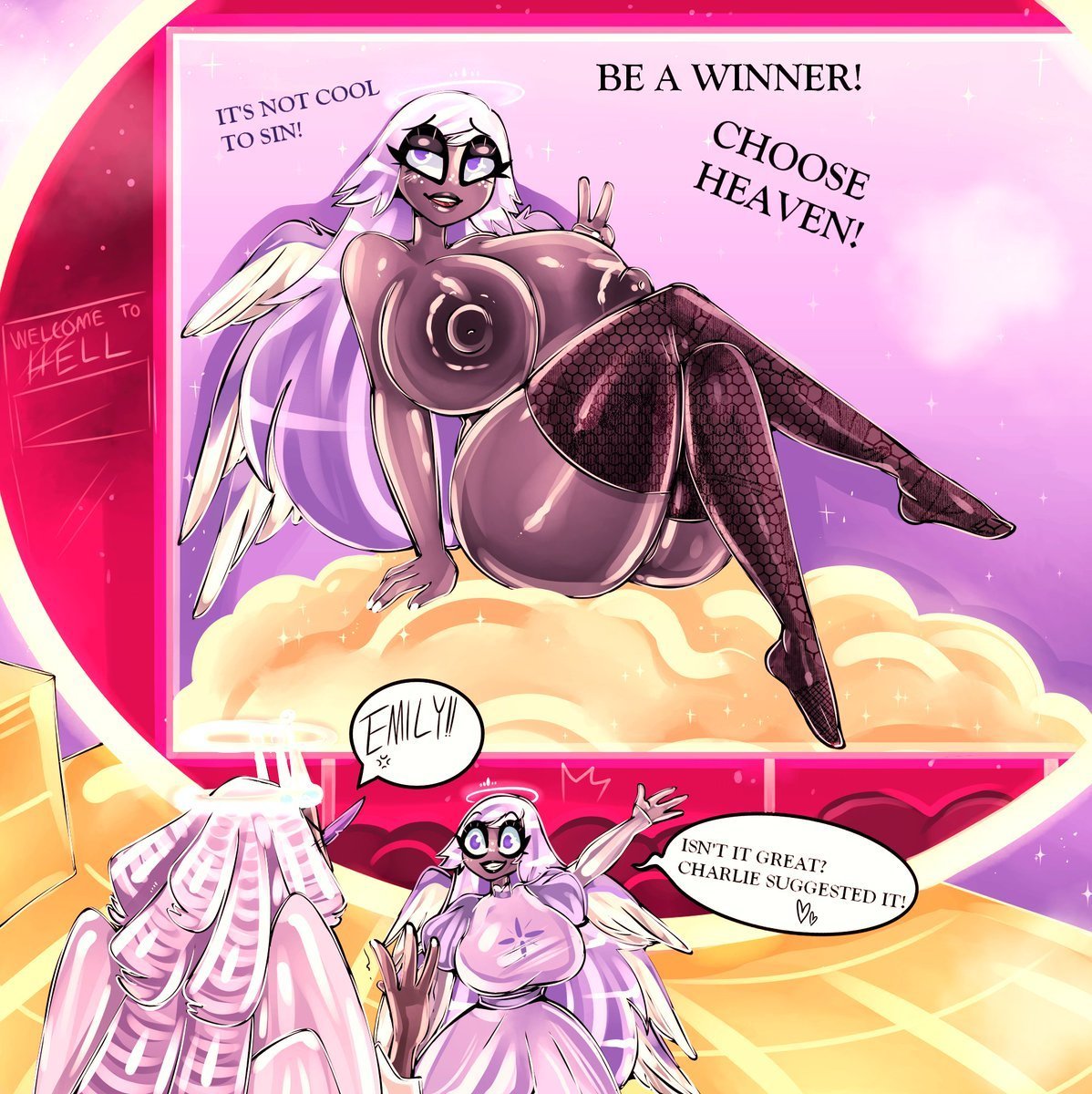 2girls, advertisement, advertising, angel, angel girl, angel wings, billboard, bitterbunz, breasts, casual nudity, clothed, clothed female nude female, dialogue, emily (hazbin hotel), female, female only, halo, hazbin hotel, huge ass, huge breasts, large breasts, long hair, nude, pinup, pinup (style), pinup pose, sera (hazbin hotel), seraph, seraphim, seraphim angel, sister and sister, speech bubble, speech bubbles, stockings, surprised, teasing, thigh socks, thighhighs, twitter, very long hair, vivienne medrano, vivziepop, white hair