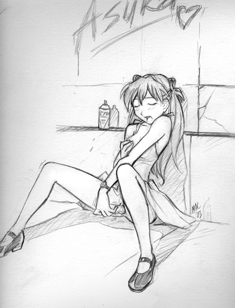 2003 asuka_langley_sohryu catthouse_studios clothed_masturbation clothing dildo dress mac_(artist) mary_janes masturbation monochrome neon_genesis_evangelion small_breasts tagme