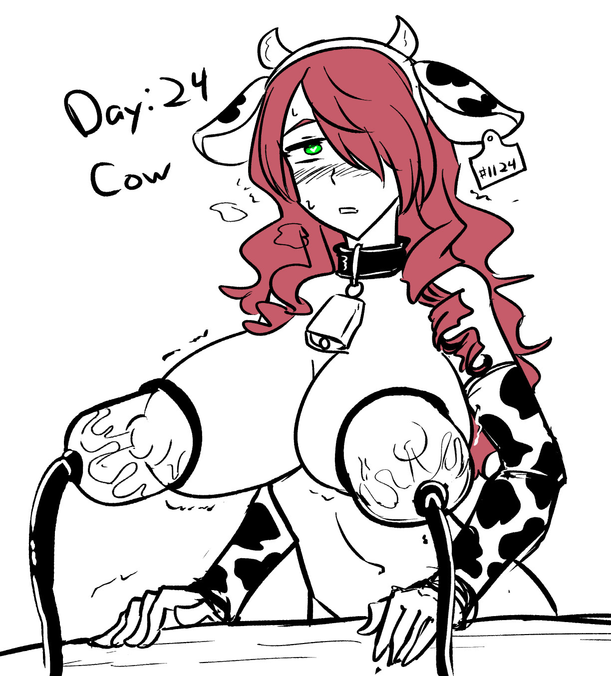arm warmers, bare shoulders, bell collar, belt, blush, collar, drill hair, fake animal ears, female only, femsub, glowing eyes, green eyes, hair covering one eye, heart eyes, horns, huge breasts, hypnovember, id card, long hair, majinsfw, milk, milking, milking machine, mitsuru kirijo, navel, nipples, persona, persona (series), persona 3, red hair, simple background, solo, sweat, table, white background