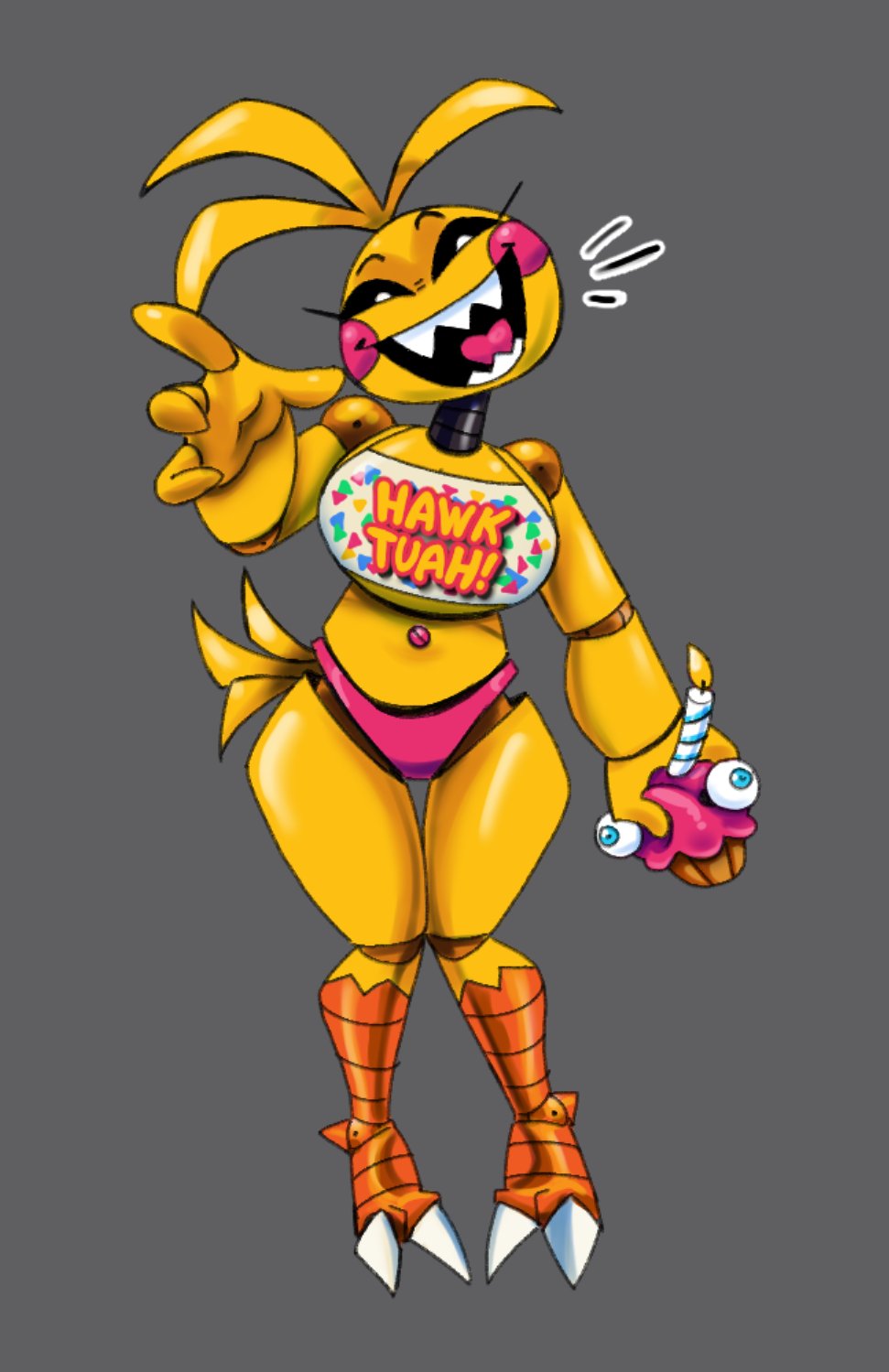 1girls, animatronic, animatronic female, chicken, chicken girl, cupcake (fnaf), cute, female, five nights at freddy's, five nights at freddy's 2, fnaf, hawk tuah, hawk tuah meme, officiallythat2, phasianid, robot, robot girl, scottgames, solo, toy chica (fnaf), yellow, yellow skin