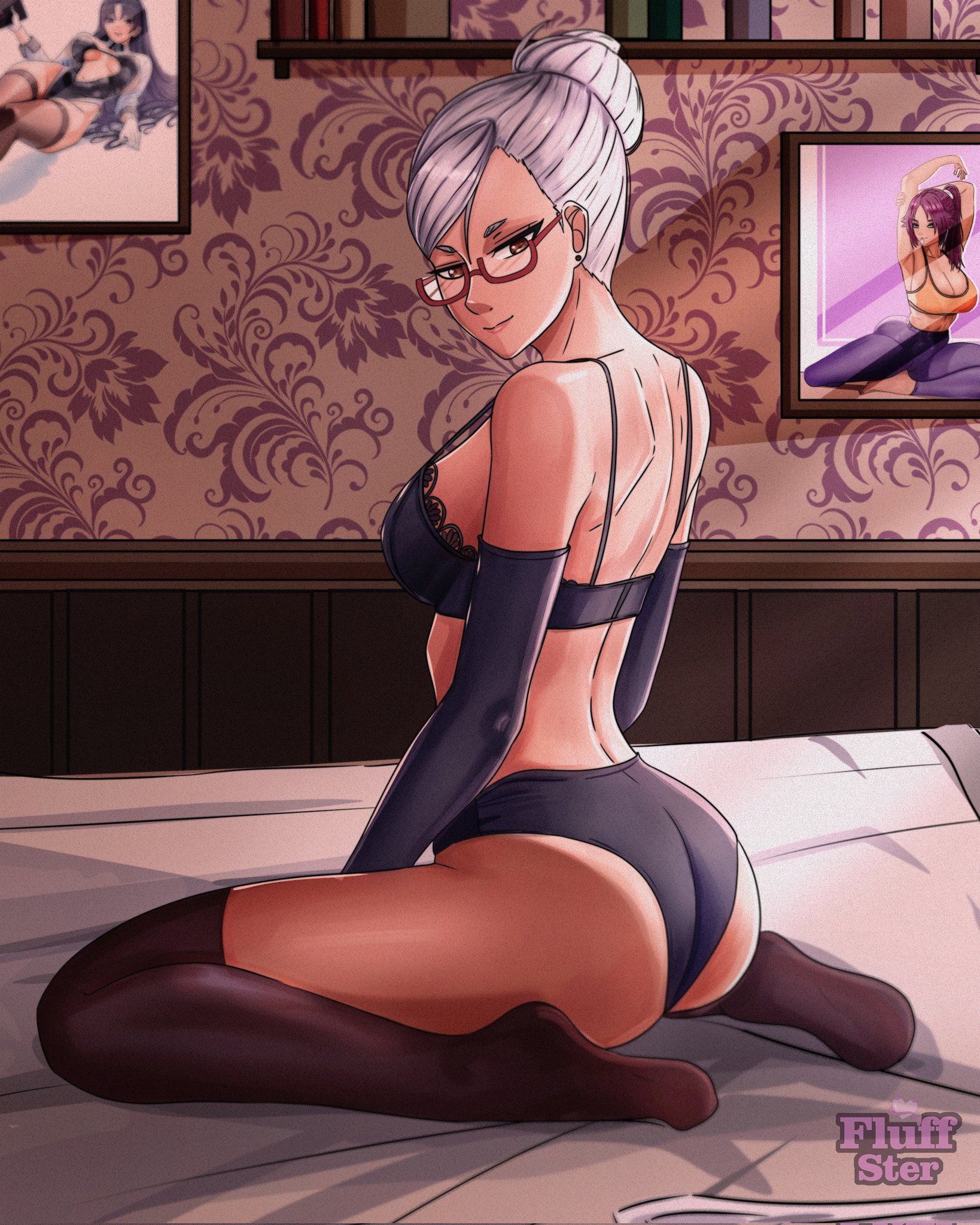 1girls, 2d, 2d (artwork), armwear, artist name, ass crack, ayase seiko, butt crack, dandadan, fluffster1, glasses, hair bun, kneeling, lingerie, lingerie bra, on bed, pinup, thighhighs, white hair, white hair female, white-haired female