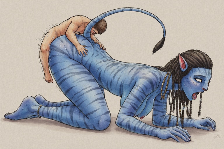 ai generated, alien, alien girl, athletic female, avatar, avatar: fire and ash, avatar: the way of water, black hair, blue body, blue skin, doggy style, from behind, human, human penetrating, interspecies, larger female, light-skinned male, na'vi, na’vi, nsfwaibs, smaller male, tail, white skin