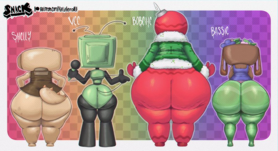 4girls, ass chart, ass focus, back focus, bassie (dandy's world), big ass, bobette (dandy's world), bottomless, cellulite, dandy's world, dinosaur tail, duplicate, holding object, lowres duplicate, microphone, object head, patatero69, repost, see-through pants, shelly (dandy's world), tail, toastysnacktime, tv head, vee (dandy's world), wide hips