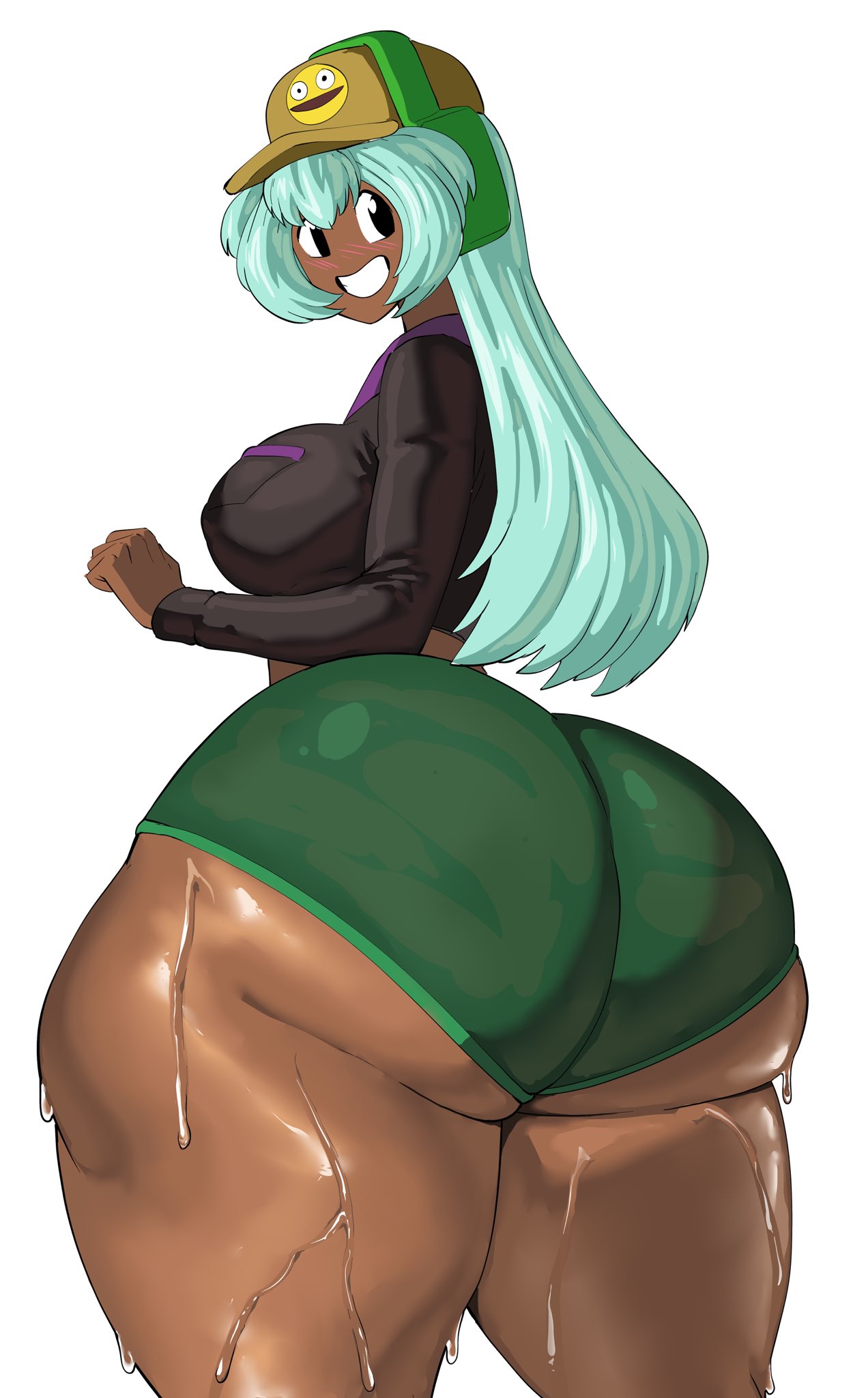 1girls, ass, ass hanging out, ass hanging out of shorts, big ass, blue hair, booty shorts, bottom heavy, breasts, bubble butt, clothing, dark skin, dark-skinned female, dolly dimpley, fat ass, female, female only, gluteal fold, huge ass, large ass, long sleeves, looking at viewer, looking back, massive ass, octavius dp, shirt, short shorts, shorts, smile, smiling friends, smiling friends self inserts, solo, sweat, sweatdrop, sweaty ass, sweaty body, thick ass, thick thighs, thunder thighs, wide hips