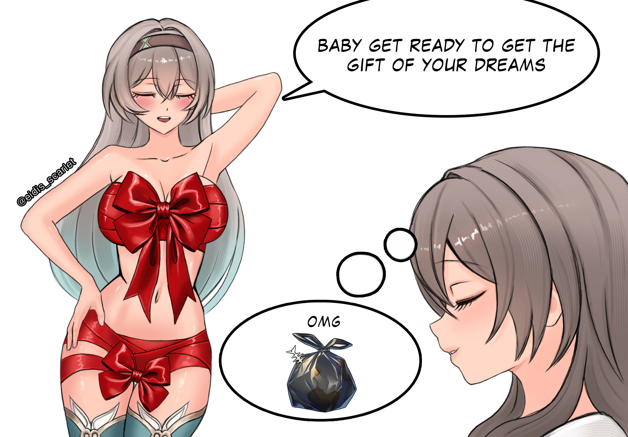 2girls, breasts, christmas outfit, closed eyes, exposed breasts, firefly (honkai: star rail), grey hair, honkai: star rail, hoyoverse, long hair, mihoyo, multicolored hair, multiple girls, red ribbon, ribbon clothes, speech bubble, stelle (honkai: star rail), yuri