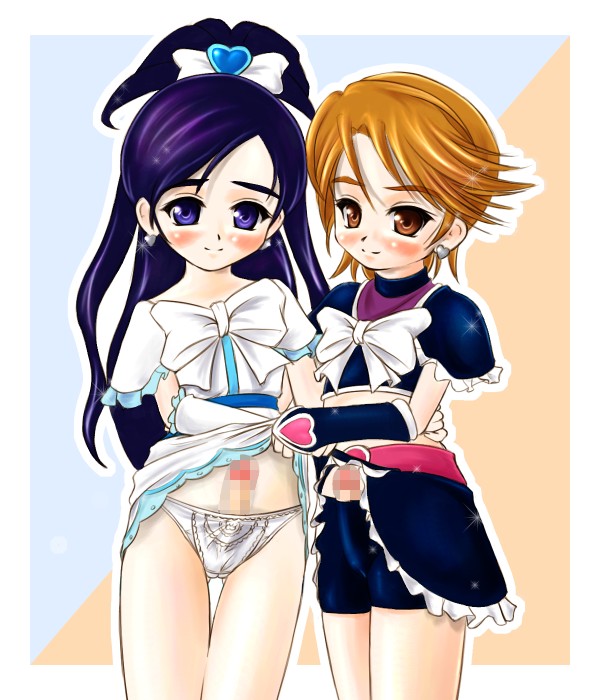 2futas artist_request blue_hair bow censored clothing cure_black cure_white dress futanari hair honoka_yukishiro magical_girl misumi_nagisa mosaic_censoring panties penis precure presenting_penis pretty_cure shorts skirt