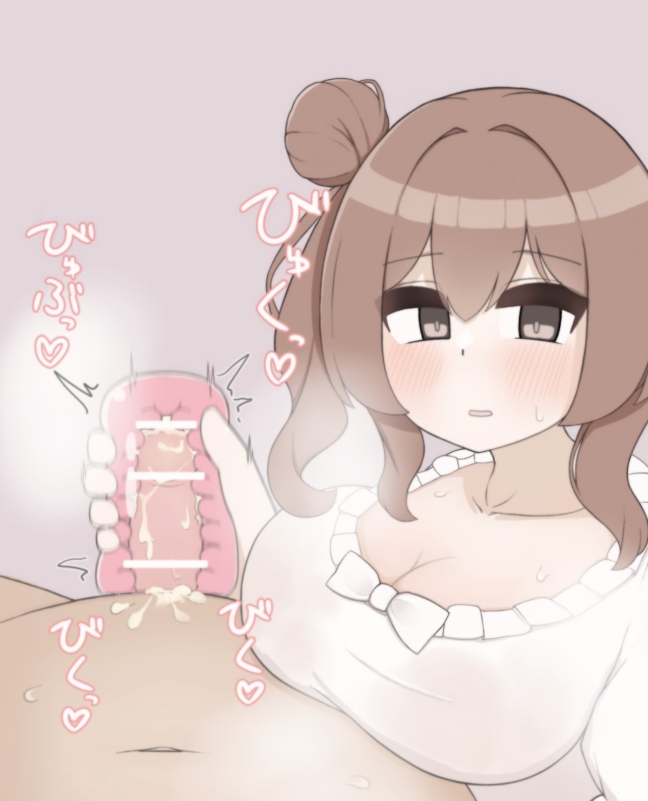 1boy, 1girls, artificial vagina, bar censor, big breasts, blush, breasts, brown eyes, brown hair, censored, cevio, clothed female nude male, clothing, cum, cum in sex toy, eyebrows visible through hair, handjob, handjob w/sex toy, haru no yasaki, heart, huge breasts, large breasts, light skin, light-skinned female, light-skinned male, looking at viewer, male pov, pov, satou sasara, see-through sex toy, sex toy, small penis, small penis adoration, spoken heart, sweat, voiceroid