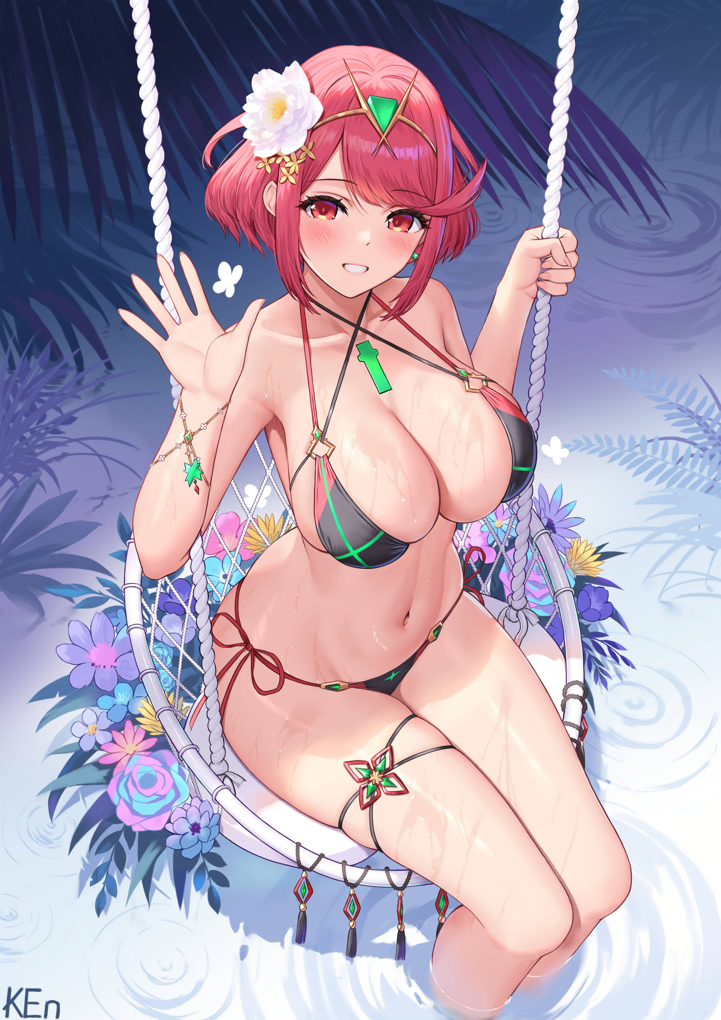 absurdres, bare shoulders, bikini, black bikini, breasts, cleavage, collarbone, commentary request, core crystal, female, flower, grin, hair flower, hair ornament, halterneck, hand up, headgear, highres, ken-san, large breasts, looking at viewer, multi-strapped bikini top, navel, nintendo, pyra, red eyes, red hair, short hair, side-tie bikini bottom, sitting, skindentation, smile, soaking feet, solo, stomach, string bikini, swept bangs, swimsuit, swing, thigh strap, thighs, water, wet, white flower, xenoblade (series), xenoblade chronicles 2