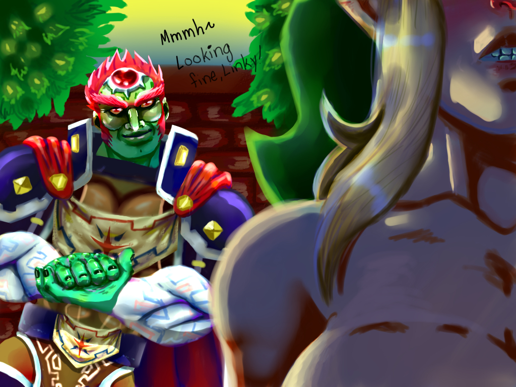 azakishimo bad cleavage cleavage_cutout elf female full_color ganondorf ganondorf_(ocarina_of_time) gerudo green_skin hero intention link nude ocarina_of_time perverted questionable_consent rule_63 the_legend_of_zelda villain villain_on_hero