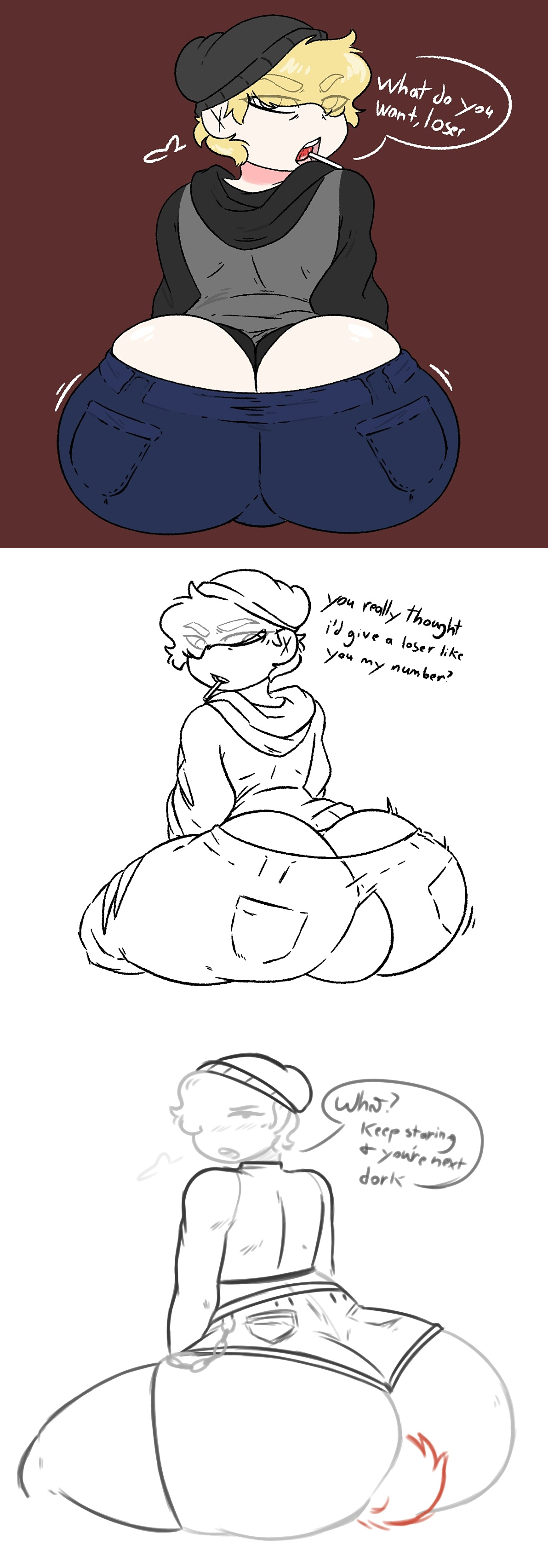 1boy, 1femboy, ambiguous gender, anon, ass, ass cleavage, ass focus, beanie, big ass, blonde, blonde boi (voredragon12345), blonde hair, bully, bully is bigger, emo, face in ass, facesitting, facesitting through clothes, femboy, femboydom, goth, huge ass, looking at another, looking at viewer, looking back, male, male focus, male only, oc, voredragon12345
