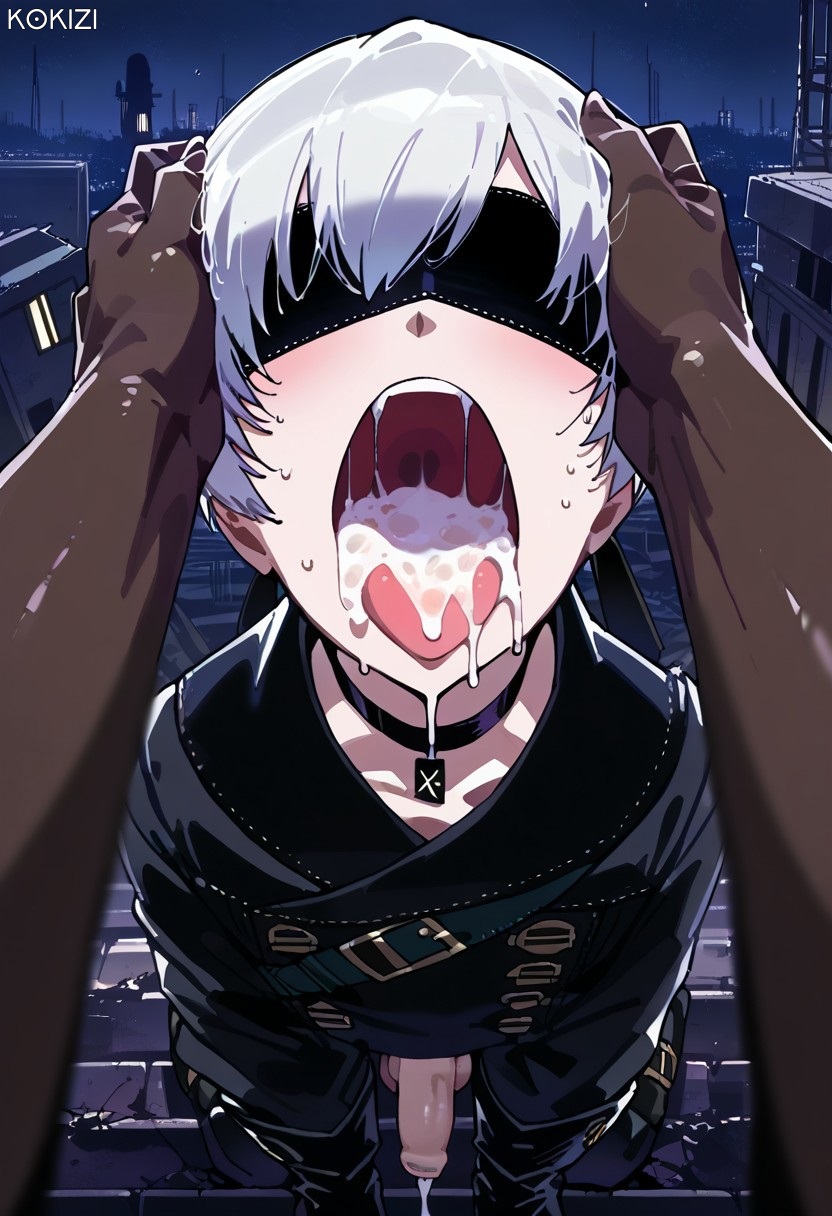 2boys, after fellatio, after oral, ai generated, blindfold, cum, cum in mouth, cum trail, dark skin, dark-skinned male, femboy, gay, head grab, kokizi, light skin, light-skinned male, male, masked, nier: automata, open mouth, penis, small penis, tongue, tongue out, white hair, yaoi, yorha 9s