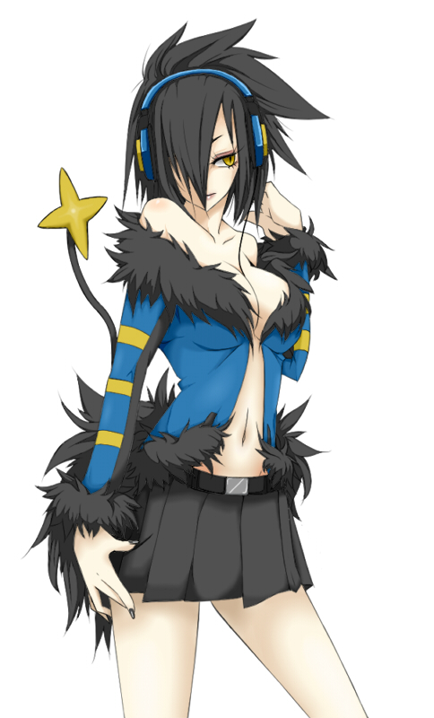 bare_shoulders beige_skin black_hair breasts cleavage closed_mouth clothing color emukon female female_only goth hair hair_over_one_eye headphones human humanized luxray midriff miniskirt mukon navel nintendo open_eyes pinup plain_background pokemon pokemon_(species) short_hair skirt solo standing video_games white_background yellow_eyes