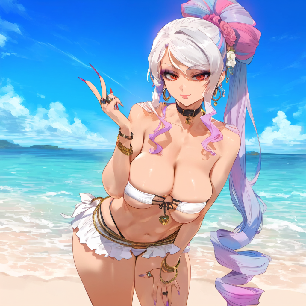 1girls ai_generated bangs bare_shoulders beach bikini black_choker blue_hair blue_sky bracelet breasts choker clavicle cleavage clothing cloud collar curvaceous curvaceous_female curvaceous_figure curvy curvy_figure day drill_hair earrings female female female_focus fingernails flower gyaru gyaru_gal hair_flower hair_ornament hoop_earrings inviting inviting_to_sex jewelry large_breasts leaning_forward long_fingernails long_hair looking_at_viewer midriff multicolored_hair nail_polish navel ocean outdoors overlord_(maruyama) pink_hair ponytail presenting presenting_pussy purple_hair red_eyes ring sand seductive shalltear_bloodfallen sky smile solo stomach strapless strapless_bikini swimsuit thighs tied_hair two-tone_hair uncensored very_long_hair voluptuous voluptuous_female waifulover water white_bikini white_hair
