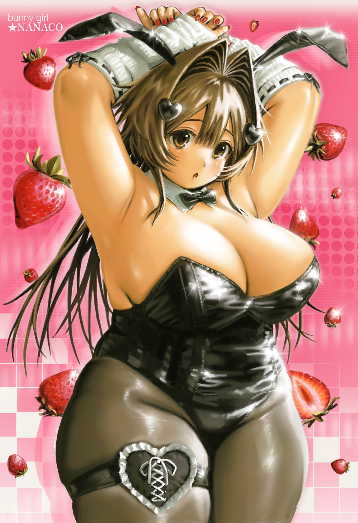 1girls amber_eyes arms_above_head arms_up arms_up_over_head bangs bangs_between_eyes black_bow black_bowtie black_bunnysuit black_ears black_lace black_thigh_strap brown_hair bunny_ears bunnysuit chubby chubby_belly chubby_female collar cute female female_only fingerless_gloves hair_ornament hairpin heart_pin heart_symbol lingerie long_hair loose_hair meisharan nanaco_(meisharan) original original_art original_artwork original_character pink_background questionable red_fingernails strawberry tan_skin thigh_strap white_collar white_fingerless_gloves white_gloves