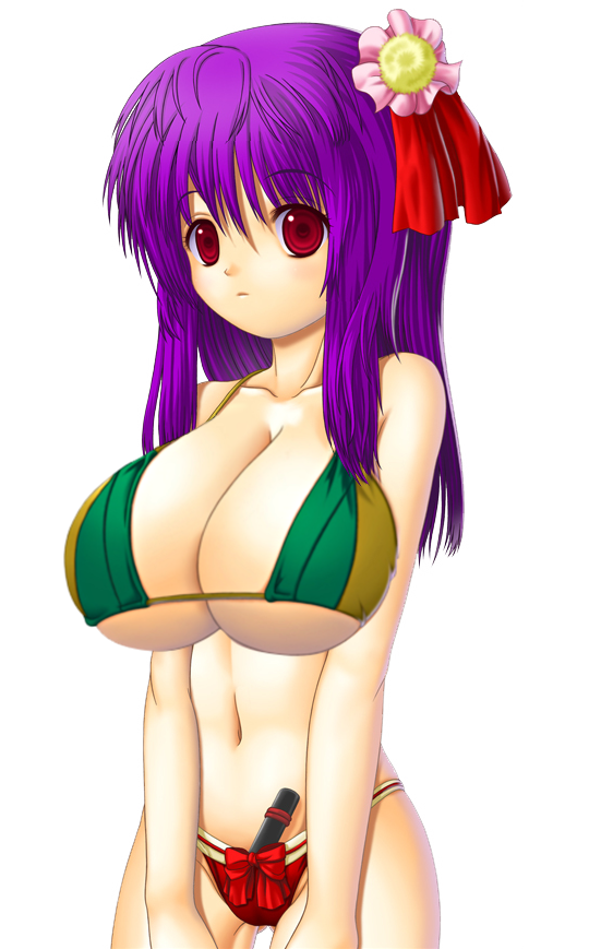 1girls alternate_breast_size bikini female hair_ornament hieda_no_akyuu huge_breasts photoshop purple_hair red_eyes solo touhou transparent_background