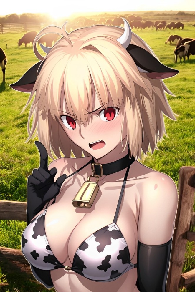 1boy 1girls ai_generated annoyed arcueid_brunestud armpits arms_behind_head big_breasts blonde_hair breasts busty collar cow_costume cow_print cow_print_bikini day facing_viewer fate/grand_order fate_(series) female full_body horns large_breasts looking_at_viewer male_pov nai_diffusion navel nude outdoors pov red_eyes sexy_armpits short_hair slutty_outfit solo squatting stable_diffusion tsukihime