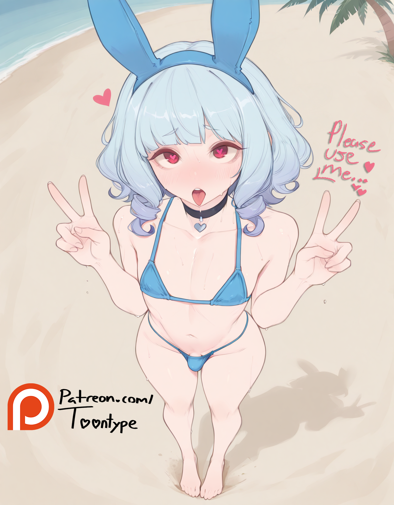 ahe gao, ai generated, barefoot, beach, blue hair, choker, curly hair, double v, femboy, heart-shaped pupils, male, male only, micro bikini, no socks, penis, red eyes, small penis, toontype