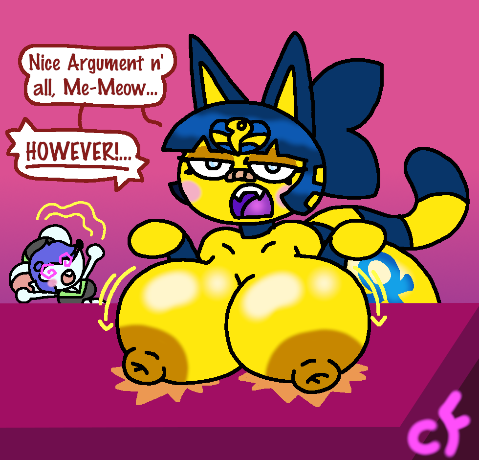 2023 2girls animal_crossing ankha anthro bandaid bandaid_on_face big_breasts blue_eyes blue_fur blue_hair blush breast_drop breasts breasts_out cat_ears cat_tail chaos-force dialogue egyptian english_text fair_argument_but… fangs feline female huge_breasts hyper_breasts meme mouse nintendo nipples pink_background tail terankha text yellow_fur yellow_nipples