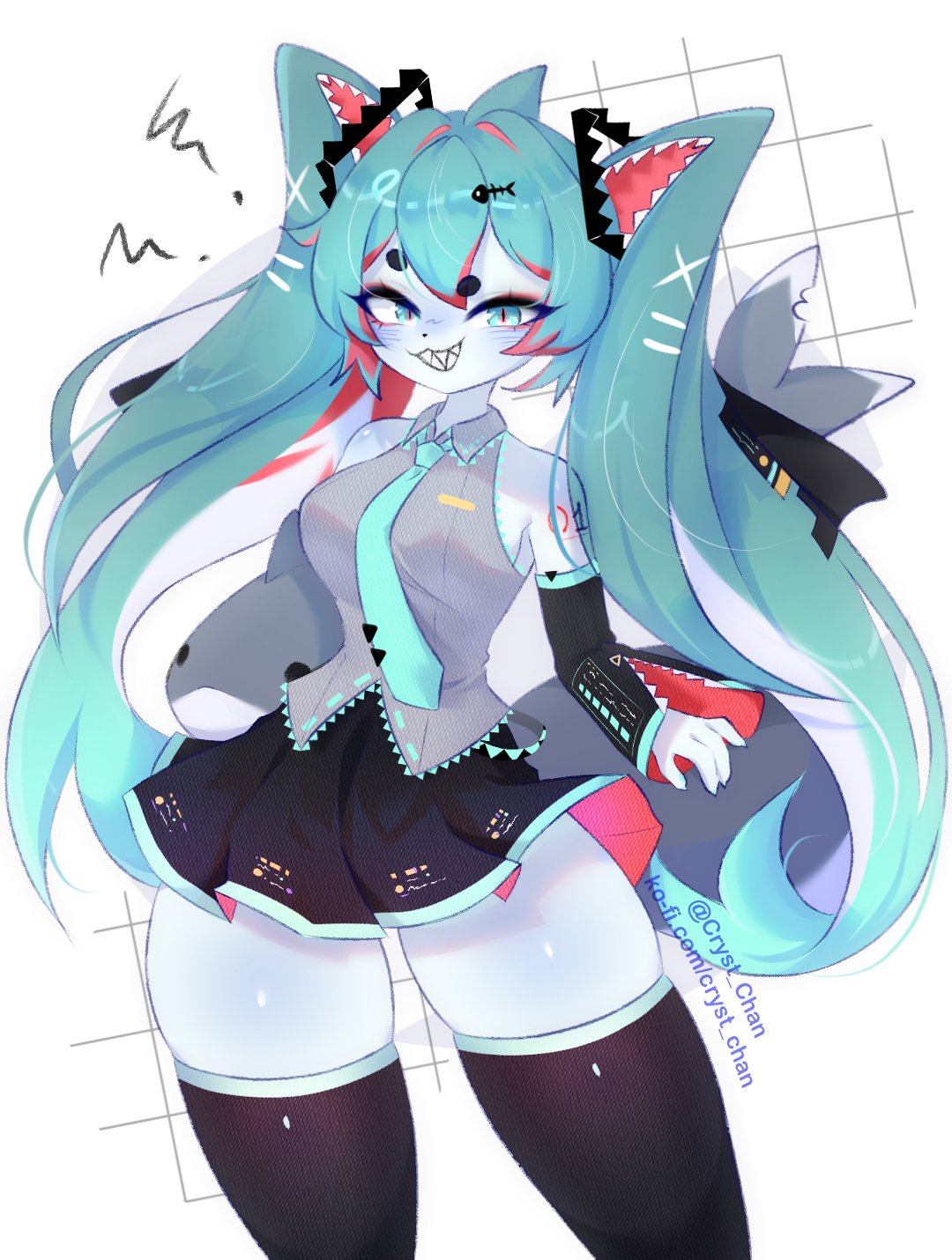 :3d clothing cowboy_shot cryst_chan hatsune_miku looking_at_viewer petite shark shark_girl sharp_teeth skirt teeth thick_thighs twintails vocaloid